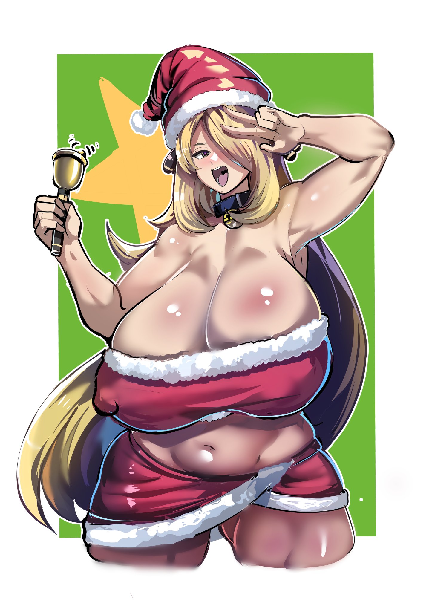 1girls, aditya draws, blonde hair, christmas, cleavage, cynthia (pokemon), eyelashes, female focus, green background, hair over one eye, holding bell, huge breasts, julioalqae, long hair, navel, open mouth, plump, pokemon, santa costume, santa hat, shiny skin, solo, star (symbol), thick thighs, v over head, white border, white outline