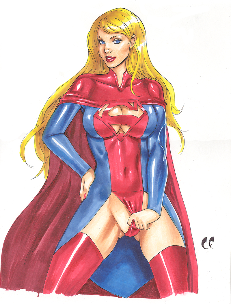 1girls blonde_hair blue_eyes breasts busty cape chris_foulkes cleavage cleavage_cutout dc female female_only large_breasts lipstick long_hair makeup red_thigh_boots shaved_pussy smile solo straight_hair supergirl superheroine superwoman thigh_boots thighhigh_boots voluptuous white_background