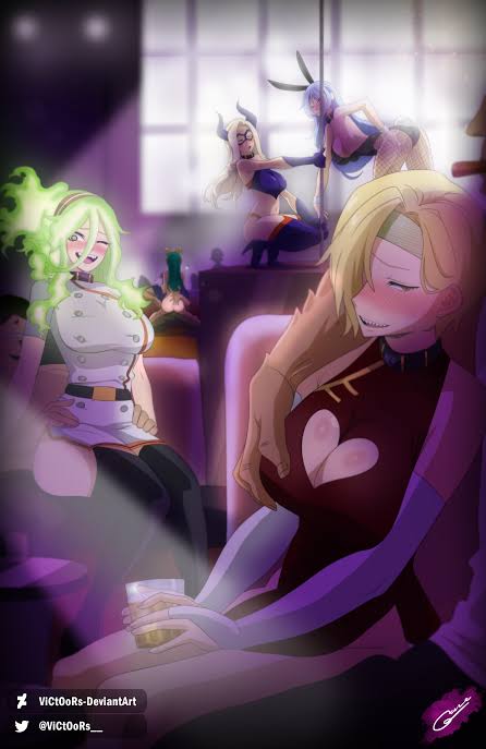 5girls, alternate version available, bad end, blonde hair, blonde-haired female, blue hair, blue-haired female, blush, boob window, brainwashing, breasts, brothel, burnin (my hero academia), colored, female, green hair, green-haired female, heart cutout, low res, lowres, male, mind control, mount lady, multiple boys, multiple females, multiple girls, multiple males, my hero academia, nejire hado, no bra, no panties, pencil skirt, ragdoll (my hero academia), ryuukyuu, sharp teeth, smile, stripper, stripper pole, superheroine, victoors, yellow eyes