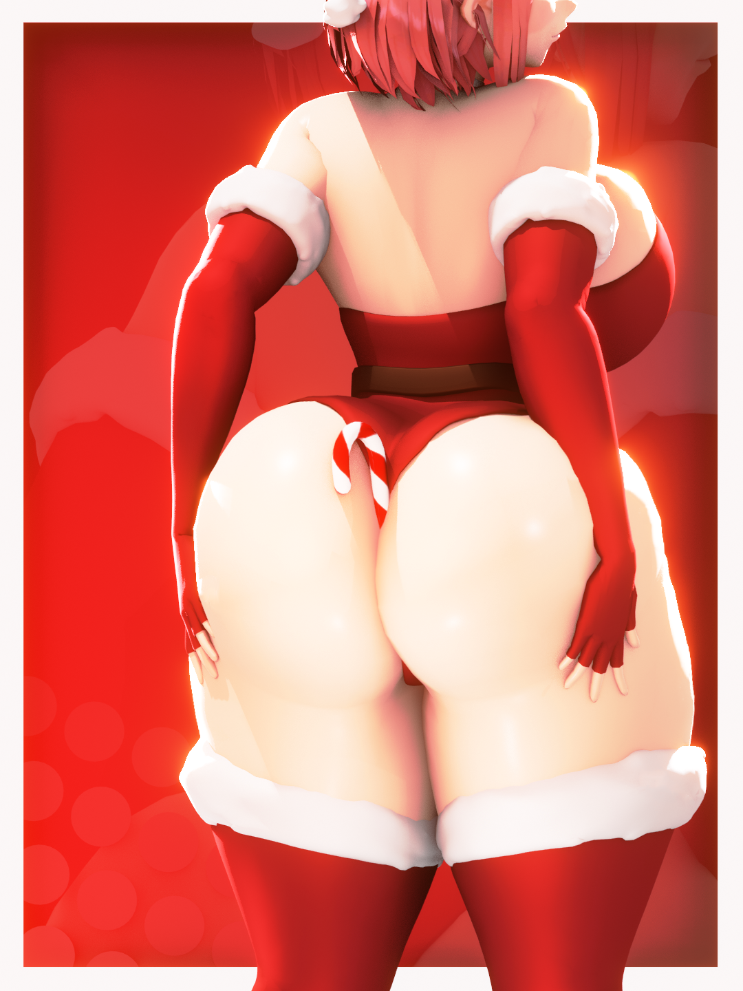 1girls, 3d, alternate version available, armwear, ass, ass focus, back, back view, backboob, belt, big ass, big breasts, breasts, candy cane, christmas, christmas clothing, christmas outfit, dat ass, elbow gloves, eyes out of frame, female, female only, gloves, hair, hands on ass, huge ass, legwear, nintendo, nurico, object between ass, pyra, pyra (xenoblade), red gloves, red hair, short hair, solo, solo female, thick thighs, thighs, xenoblade (series), xenoblade chronicles 2