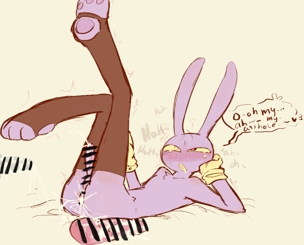 1boy, alternate version available, anthro, black legwear, cum, cum drip, cum in ass, dialogue, dildo, disembodied penis, drooling, erection, feet, femboy, glitch productions, heart-shaped pupils, jax (the amazing digital circus), male, pawpads, penis, purple fur, solo, tears, the amazing digital circus, unnecessary censorship, yellow eyes, yellow gloves