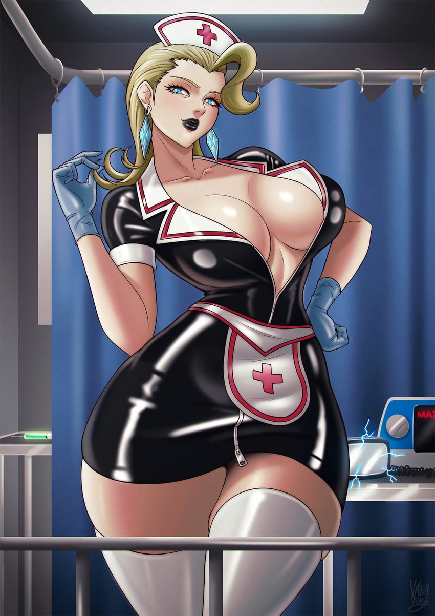 1girls, absolute territory, artist name, big breasts, black dress, black lips, blonde female, blonde hair, blue eyes, blue gloves, breasts, center opening, cleavage, dress, earrings, emma frost, emma frost (x-revolution), female, female only, gloves, hand on own hip, hat, infirmary, jewelry, large breasts, latex, latex clothing, lipstick, looking at viewer, makeup, marvel, marvel comics, marvel rivals, medium hair, minidress, mutant (marvel), nurse, nurse cap, nurse uniform, pinup (style), rubber, rubber clothing, shiny clothes, short dress, skirt, solo, thighhighs, tight clothing, uniform, valenvenge, white thighhighs, x-men, zettai ryouiki, zipper dress