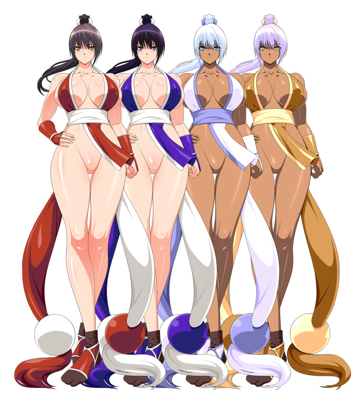 breasts dark_skin fatal_fury female female_only human king_of_fighters large_breasts mai_shiranui multiple_females multiple_girls no_underwear noriheita simple_background snk white_background white_hair