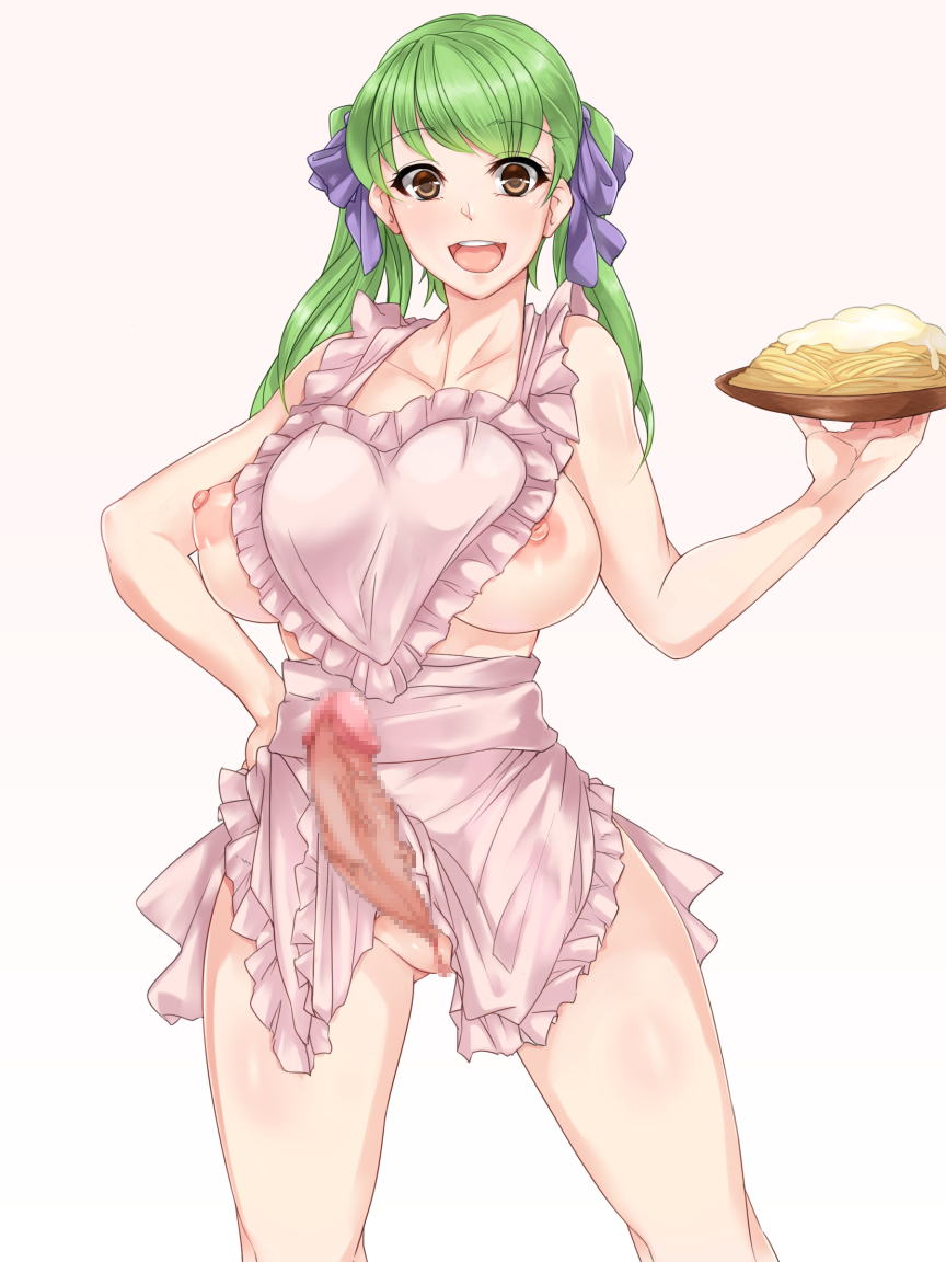 1futa apron artist_request breasts brown_eyes censored food futa_only futanari green_hair hair_ribbon intersex large_breasts long_hair naked_apron nipples open_mouth penis penis_under_apron plate pussy ribbon smile solo thighs tied_hair twintails