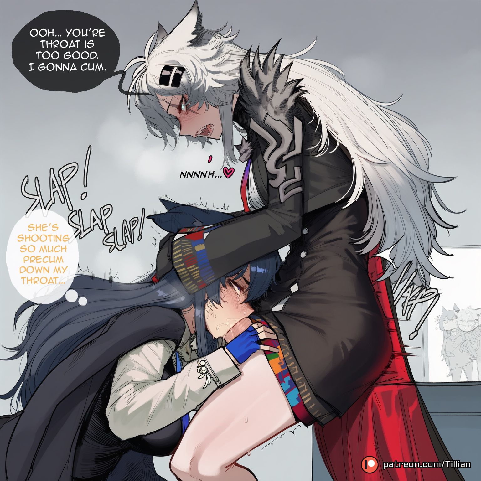 2girls, ai generated, animal ears, arknights, black hair, black vest, blue gloves, blush, breasts, cape, cum in mouth, deepthroat, english text, fellatio, female, fingerless gloves, from side, futa with female, futanari, gloves, grey eyes, grey hair, hair ornament, hairclip, hand on another's head, heart, intersex, irrumatio, lappland (arknights), lappland the decadenza (arknights), long hair, long sleeves, messy hair, multiple females, multiple girls, necktie, official alternate costume, open mouth, oral, penis, saliva, scar, scar across eye, scar on face, sharp teeth, shirt, speech bubble, stealth sex, teeth, texas (arknights), texas the omertosa (arknights), thought bubble, tillian, trembling, vest, white hair, white shirt, wolf ears, wolf girl