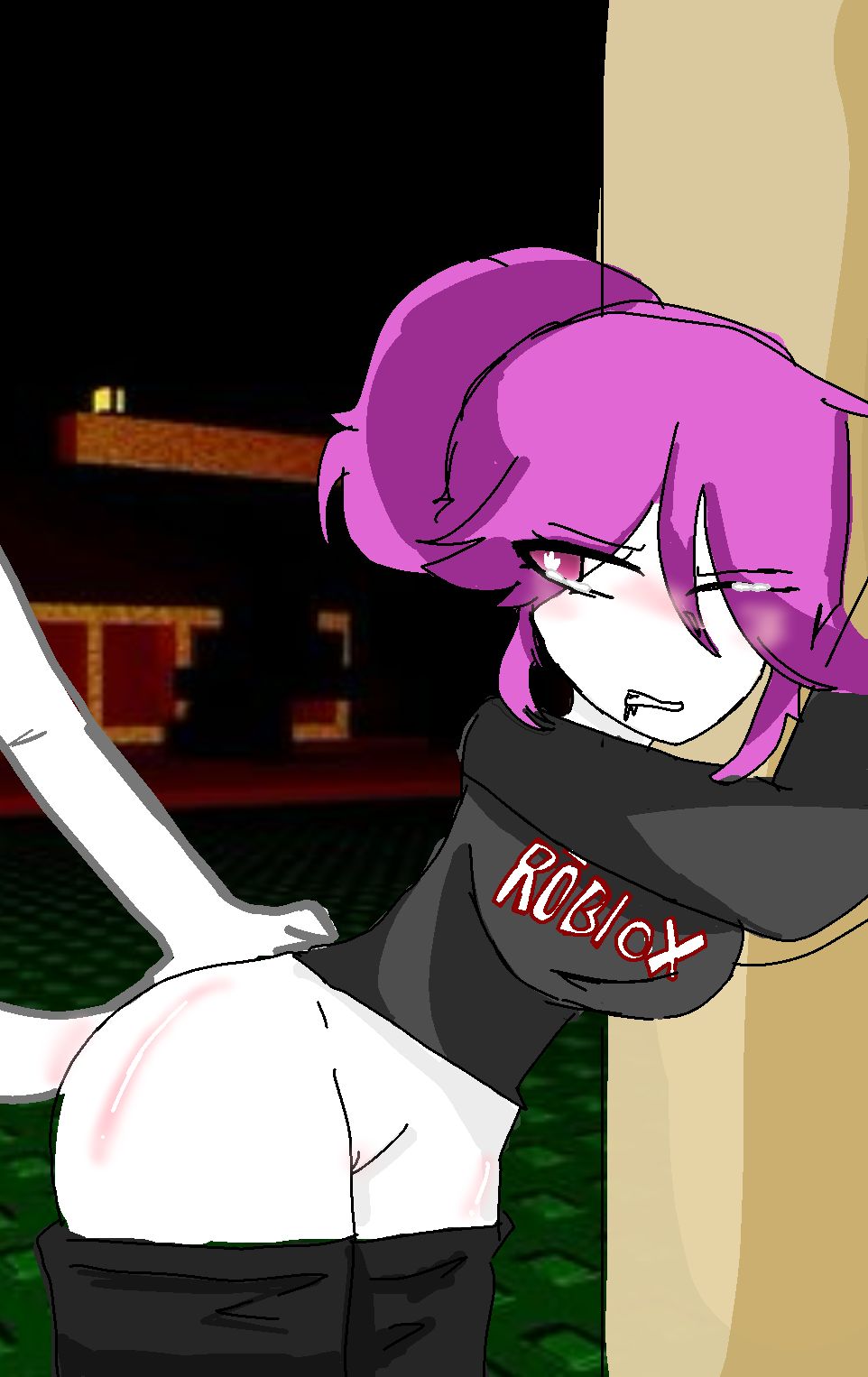 1boy, 1girls, against wall, angry, artist request, ass, breasts, clothing, female, forsaken (roblox), guest (roblox), male, pants down, penetrated, pink hair, pussy, rape, resisting, roblox, roblox game, robloxian, tagme, tears, wall