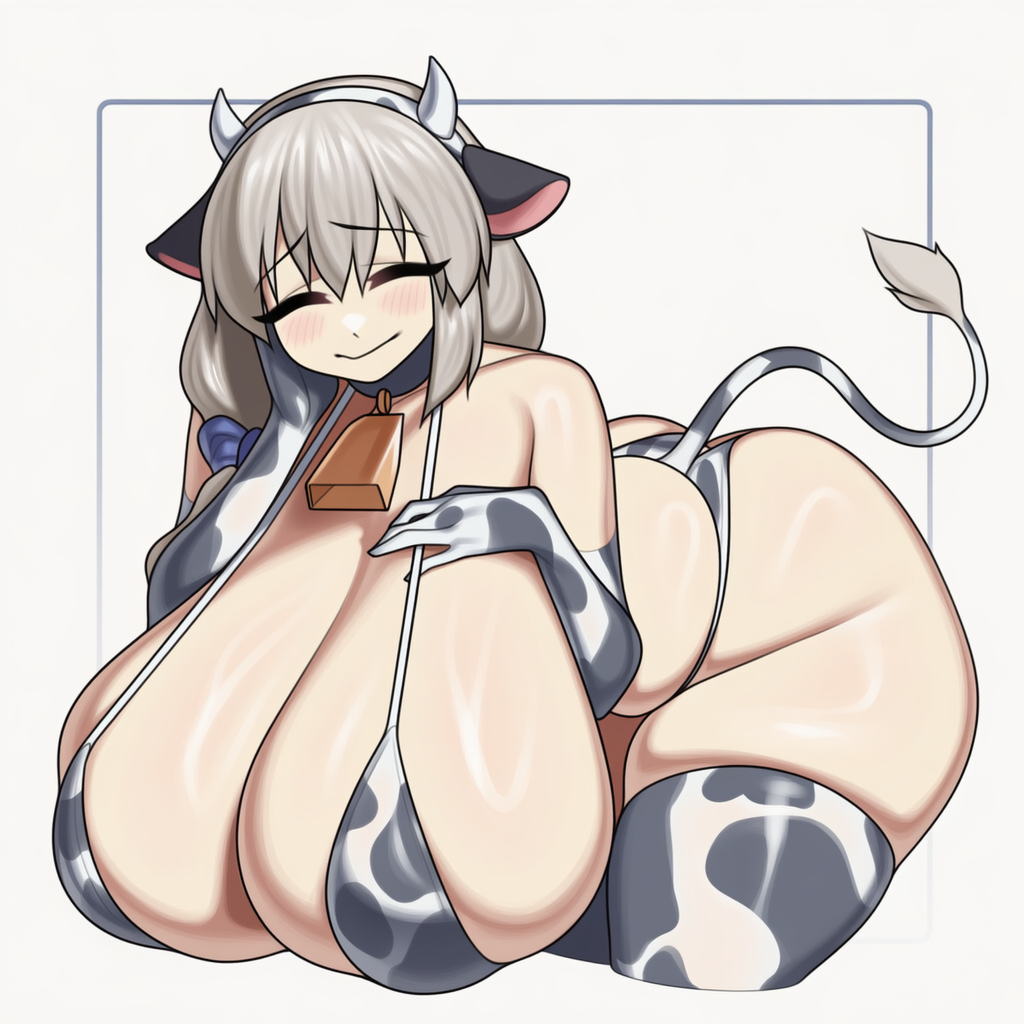 ai generated, bikini, breasts, closed eyes, covered nipples, cowgirl outfit, female, gigantic breasts, hand on own cheek, hand on own chest, kimmythefem, mature female, milf, revealing clothes, slim waist, thick thighs, uzaki tsuki, uzaki-chan wa asobitai!, wide hips