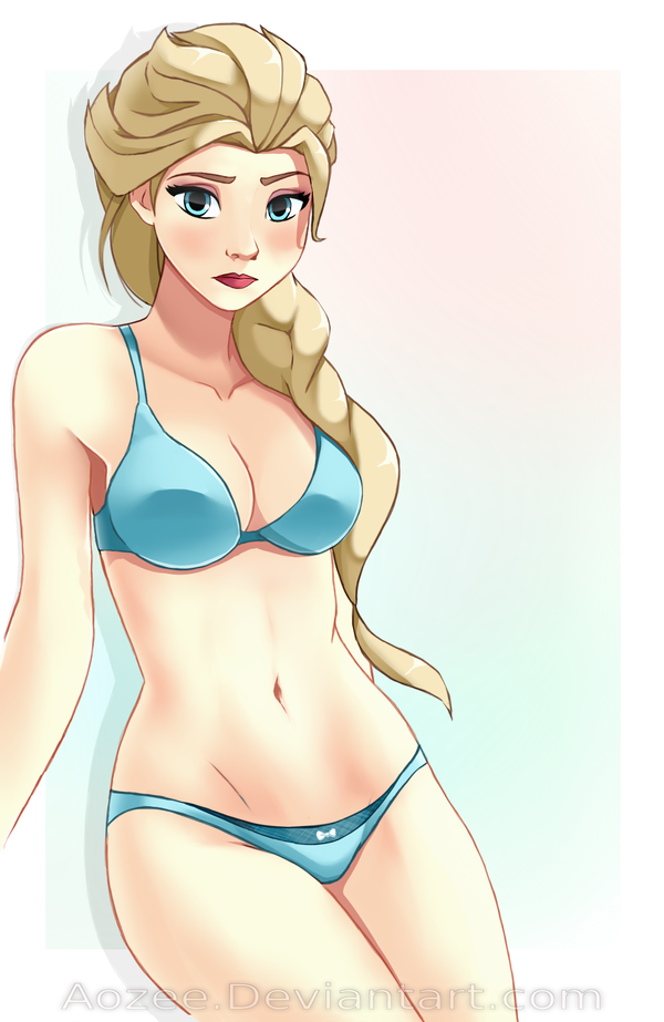 aozee blonde_hair blue_bra blue_eyes blue_panties bra breasts disney elsa_(frozen) female female_only frozen_(film) human long_hair matching_underwear panties solo