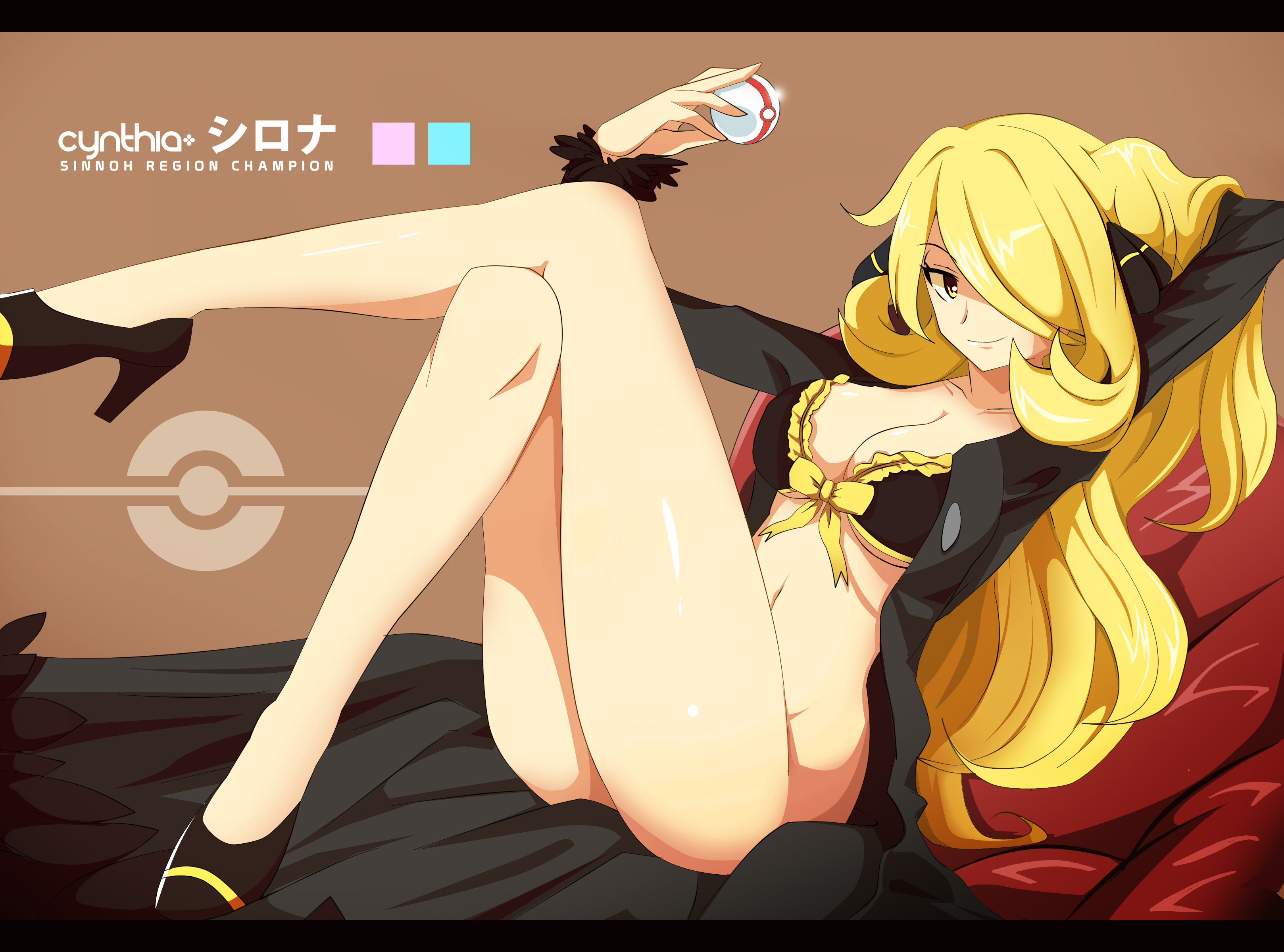 1girls, blonde hair, bottomless, breasts, cynthia (pokemon), female, female only, high heels, human, human only, lingerie, lying, lying on bed, medium breasts, no panties, open robe, pokemon, pokemon champion, pokemon dppt, solo, vivivoovoo