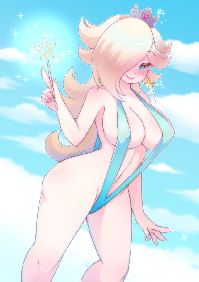 1girls bikini blonde_hair blue_bikini blue_eyes blush breasts cleavage crown earrings female female_only hair_over_one_eye human long_hair looking_at_viewer mario_(series) navel nintendo pastelletta princess_rosalina sling_bikini smile solo sparkle standing swimsuit wand