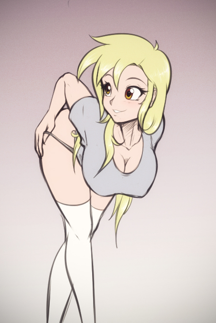 1girls, bent over, bimbo, blonde hair, breasts, busty, cleavage, derpy hooves, female, female only, friendship is magic, hasbro, human, humanized, large breasts, looking back, my little pony, orange eyes, panties, panty pull, scorpdk, solo, t-shirt, voluptuous
