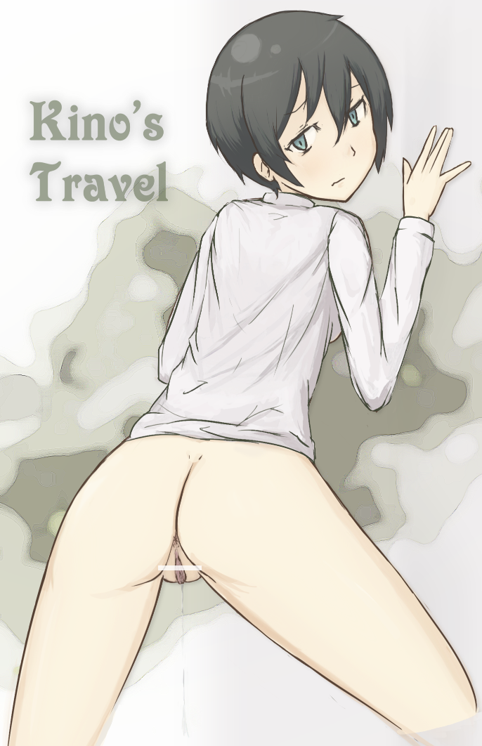 1girls androgynous anus artist_request ass black_hair blue_eyes bottomless dress_shirt english female kino kino_no_tabi pussy pussy_juice short_hair solo