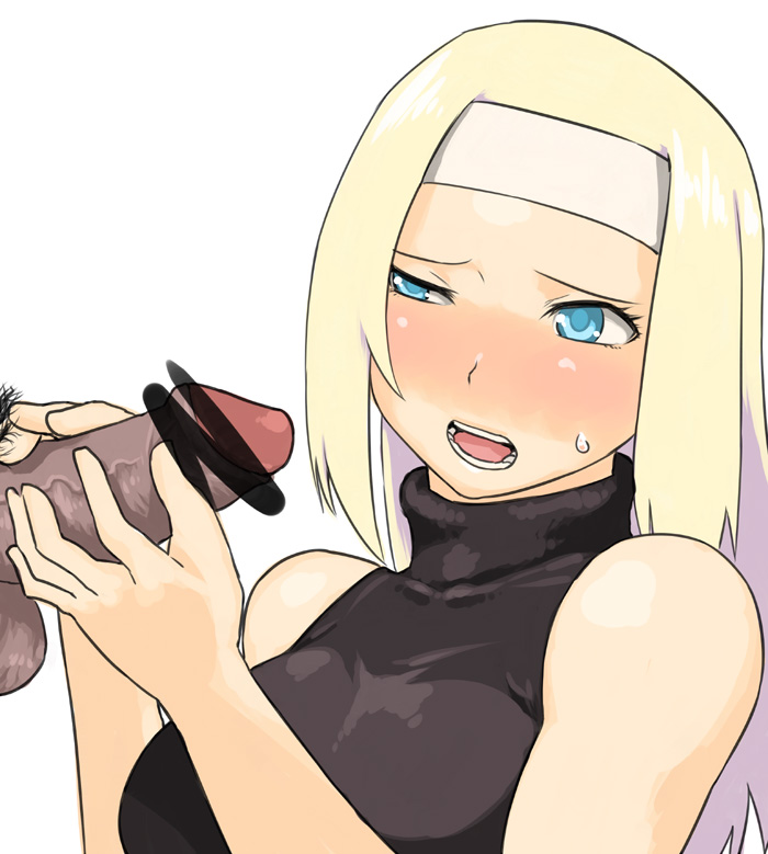 blonde_hair blue_eyes blush breasts censored dark-skinned_male embarrassed female final_fantasy final_fantasy_tactics final_fantasy_tactics_(original) foreskin full-face_blush handjob headband large_breasts long_hair penis pointless_censoring sleeveless sleeveless_turtleneck solo squire_(fft) sweatdrop tsukudani_(coke-buta) turtleneck wince