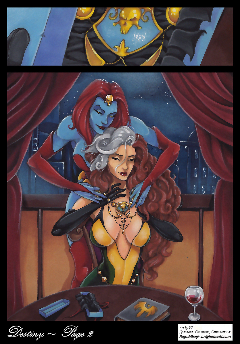 2girls beige_skin blue_skin book breasts brown_hair busty comic destiny_(comic) female large_breasts lipstick marvel mother_and_daughter mystique necklace red_hair rogue_(x-men) silver_hair two_tone_hair voluptuous vp vp1940 white_hair wine wine_glass x-men yellow_eyes yuri