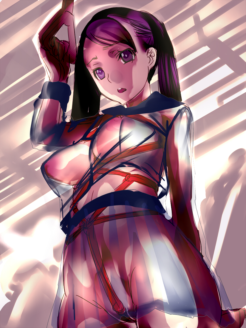 bondage breasts character_request copyright_request dodai_shouji female long_hair nipples rope school_uniform see-through solo train train_interior