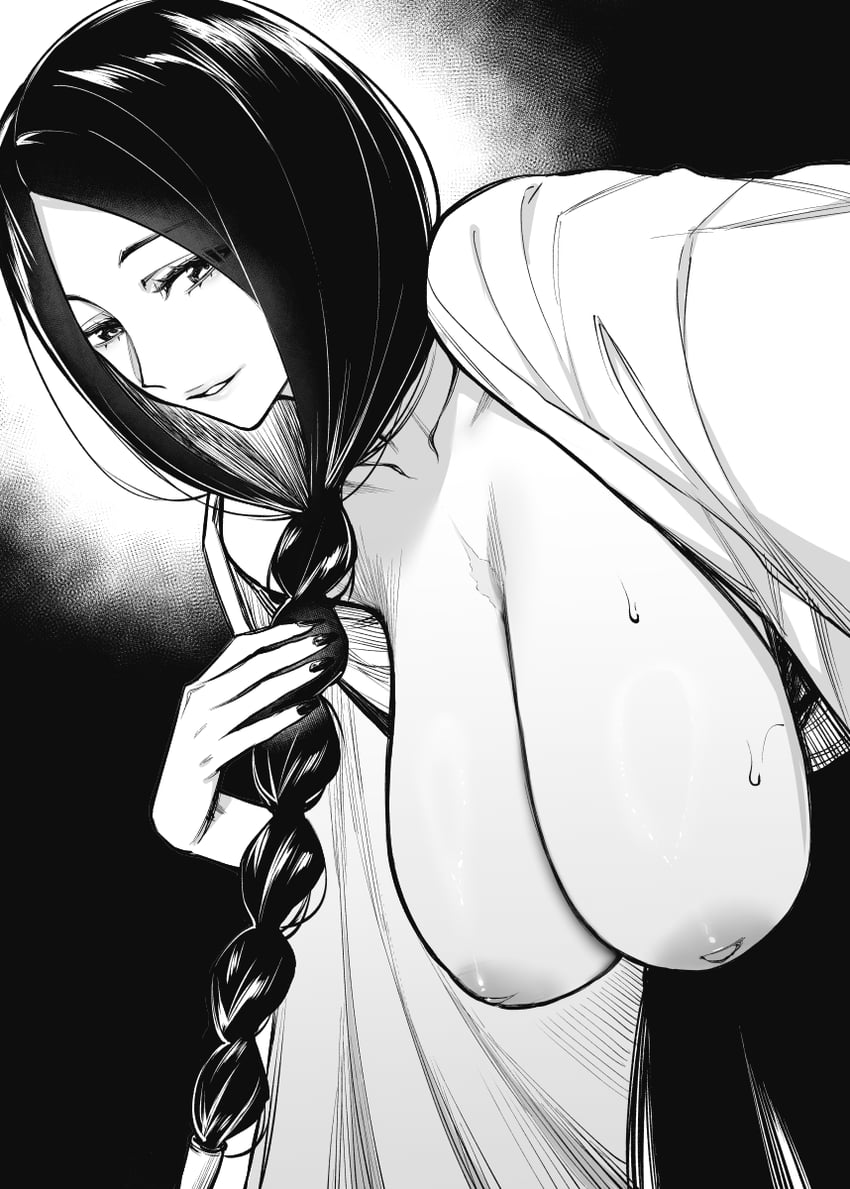 1girls, black background, black hair, bleach, braid, breasts, breasts out, commentary request, female, flashing, front braid, greyscale, hanging breasts, highres, huge breasts, inverted nipples, leaning forward, looking at viewer, monochrome, mushi024, nipples, parted bangs, sagging breasts, scar, scar on chest, selfie, simple background, smile, solo, standing, sweat, unohana retsu