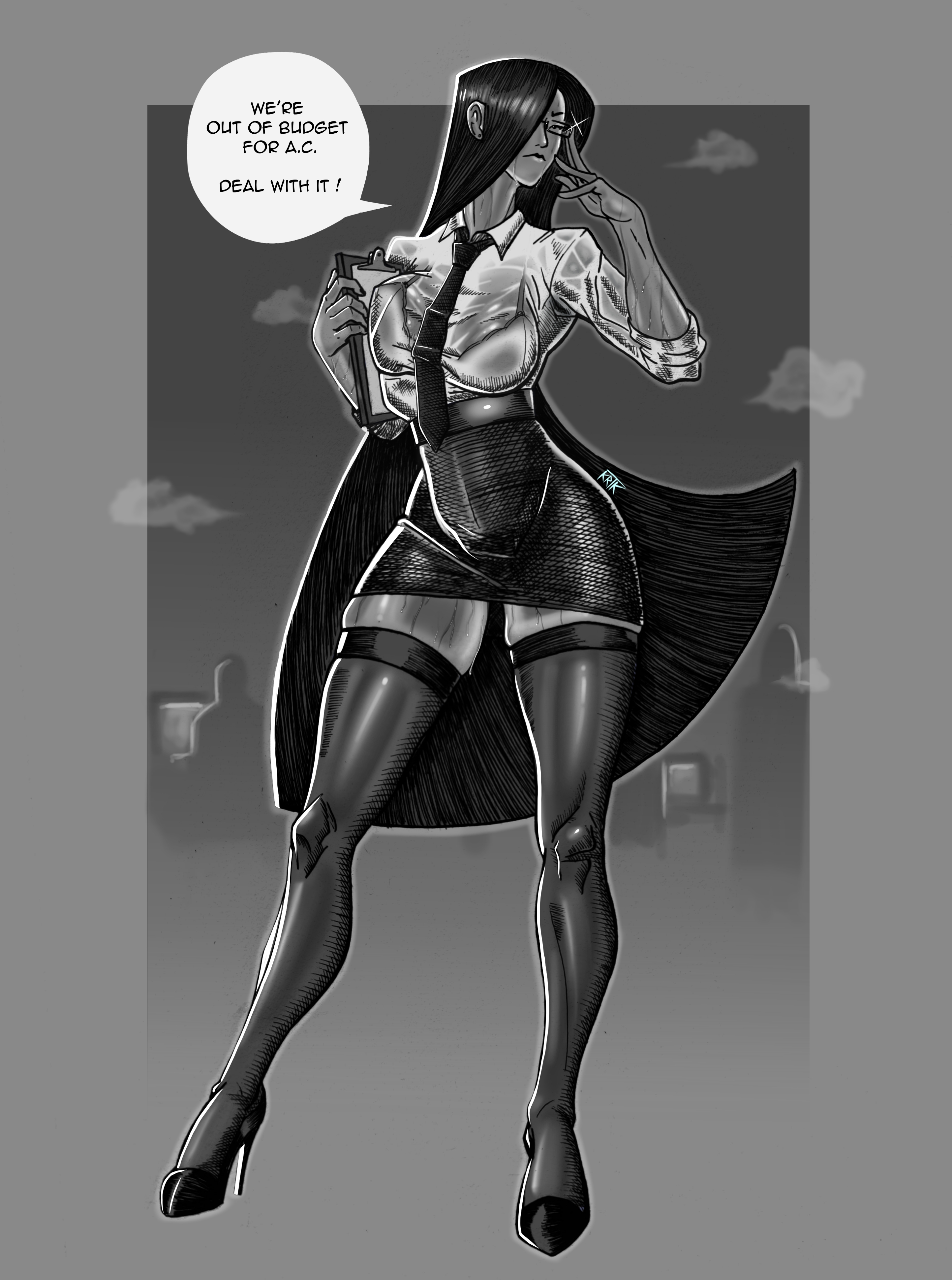 annoyed, annoyed expression, black hair, bra visible through clothes, breasts, female, female only, glasses, grey body, high heels, highres, huge breasts, krotauku, leaking pussy, long hair, looking at viewer, office, office clothing, office lady, office lady (atastic), original character, pussy, pussy juice, pussy juice drip, shiny breasts, shiny skin, shiny thighs, skirt, solo female, sweat, sweat clouds, sweatdrop, sweating, tall female, thick thighs, thigh gap, thigh highs, thighhighs, tie, transparent clothing, wet clothes, wet shirt, white shirt, wide hips