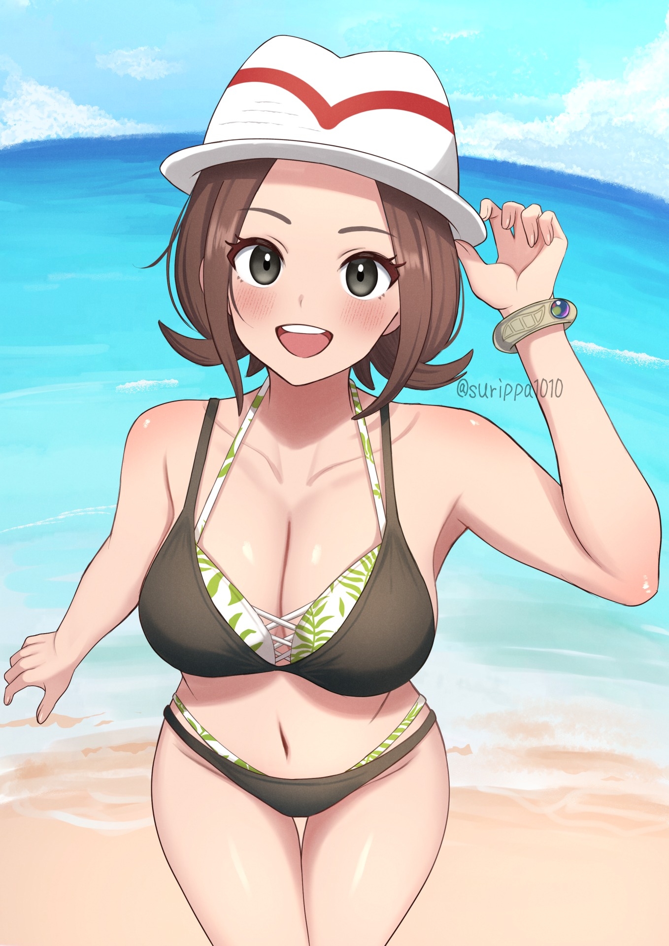1girls, alternate breast size (larger), beach, bikini, black bikini, blue sky, bracelet, breasts, brown hair, cleavage, collarbone, commentary request, commission, day, female, game freak, grey eyes, harmony (pokemon), hat, highres, jewelry, large breasts, layered bikini, looking at viewer, navel, nintendo, outdoors, pokemon, pokemon legends: z-a, seika (pokemon), skeb commission, sky, solo, surippa1010, swimsuit, white hat