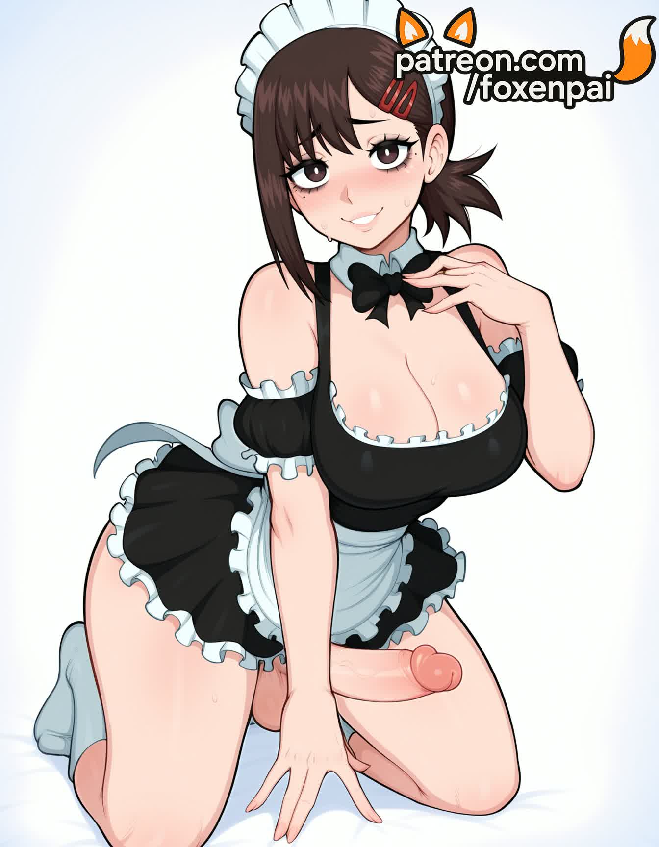 1futa, 2025, ai generated, apron, artist name, balls, bangs, black bow, black bowtie, blush, bow, bowtie, breasts, brown eyes, brown hair, bust, chainsaw man, chest, cleavage, cock, dick, dress, erection, eyebrows visible through hair, foxenpai, frilled apron, frills, futanari, hair ornament, hairclip, hi res, higashiyama kobeni, high quality, high resolution, highres, intersex, kneeling, kobeni higashiyama, looking at viewer, maid, maid apron, maid headdress, parted lips, patreon, patreon username, penis, short dress, short sleeves, smile, socks, solo, stable diffusion, sweat, testicles, uncensored, waist apron, watermark, white apron, wing collar