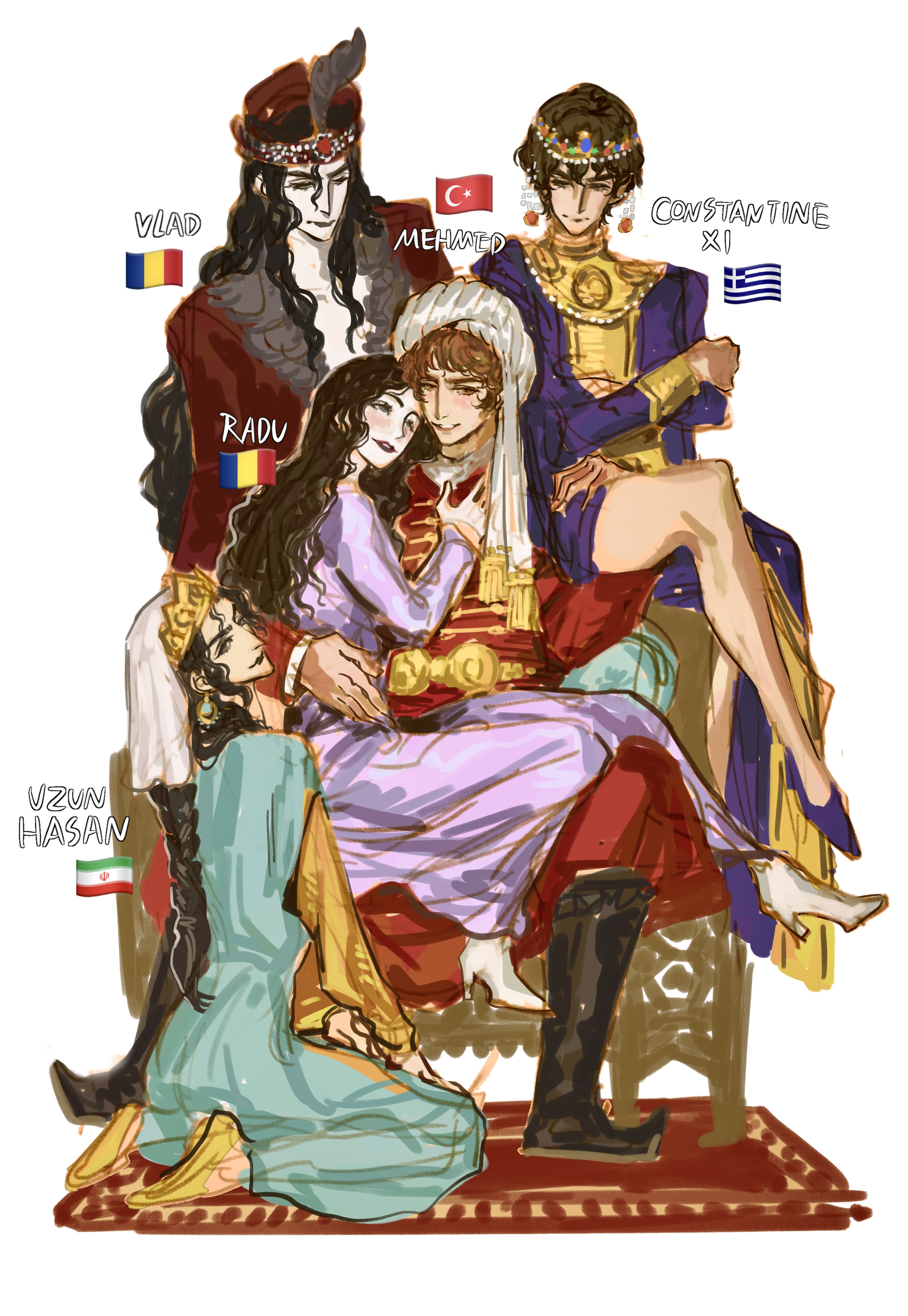 archon of flesh, captured, constantine xi, dubious consent, effeminate, exposed legs, femboy, feminine male, gay, harem, harem boy, history, male, male focus, male only, mehmed ii, middle eastern, multiple boys, multiple males, ottoman empire, posing, radu the handsome, throne, twink, uzun hasan, vlad the impaler, yaoi