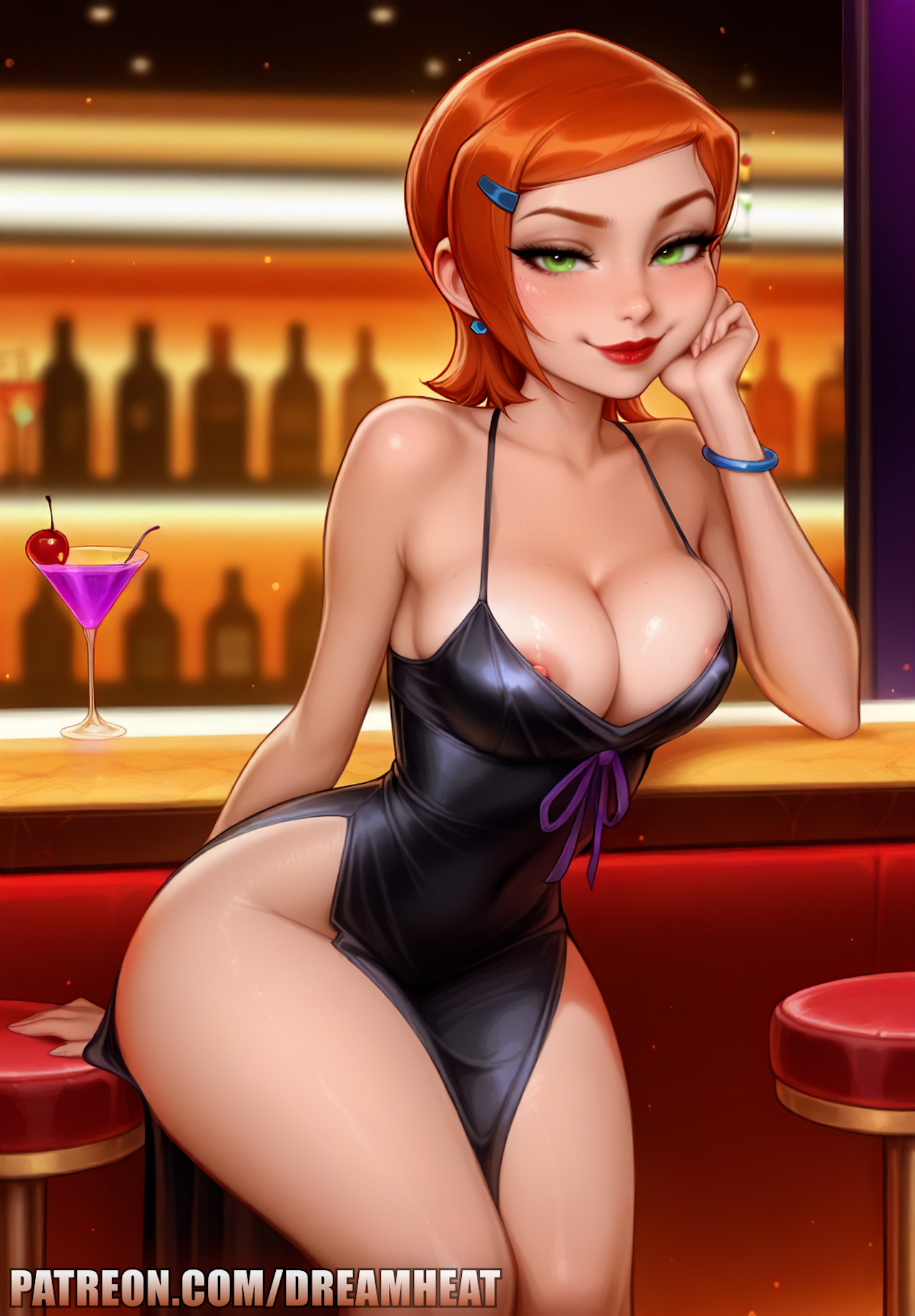 1girls, ai generated, areolae, ben 10, black dress, bracelet, breasts, cleavage, cocktail, double slit dress, dreamheat, dress, earrings, female, green eyes, gwen tennyson, high slit dress, medium breasts, neon lights, nightclub, nipple slip, nipples, red hair, red lipstick, short hair, slim, smile, solo, standing