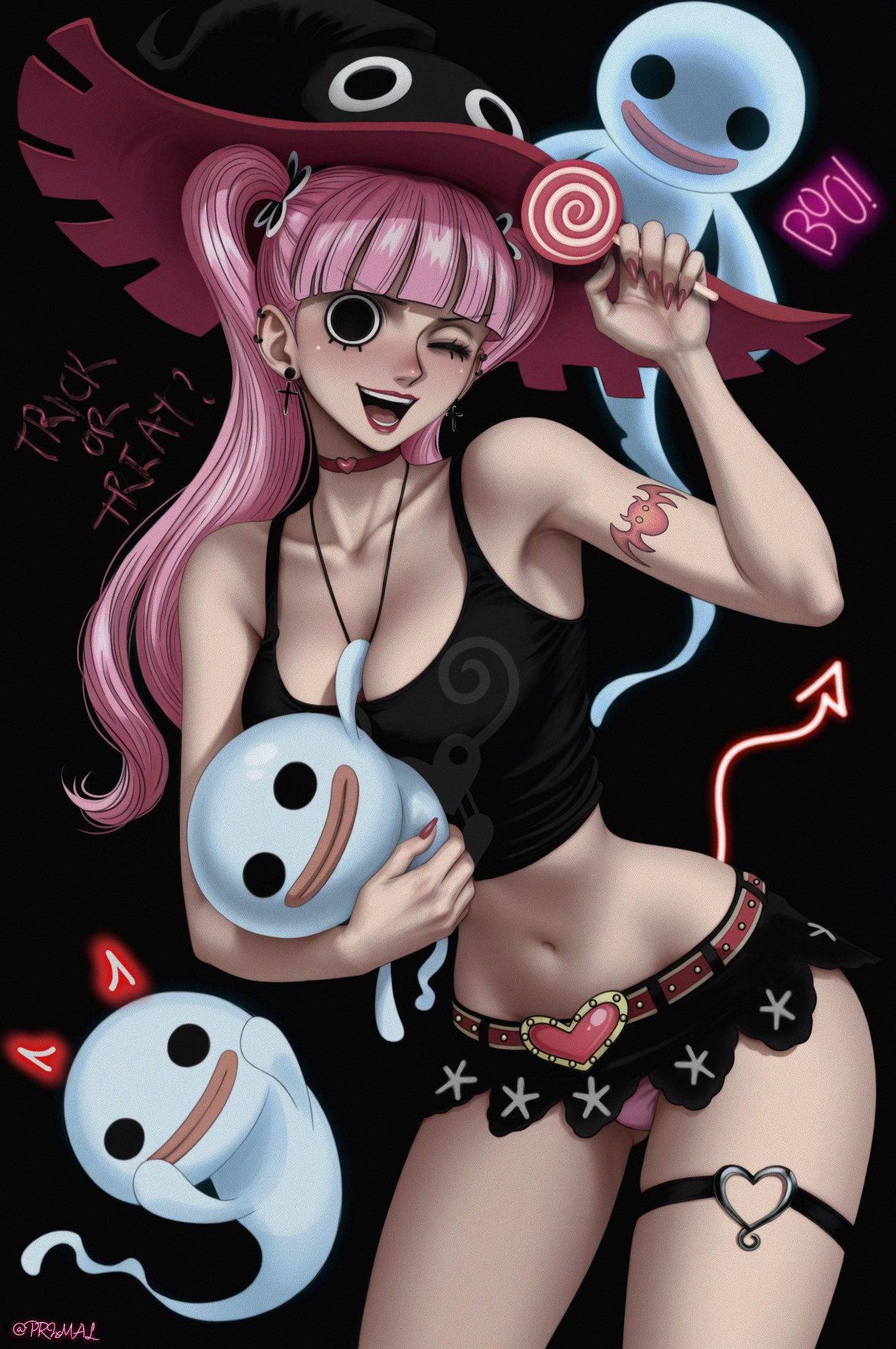 1girls, arm tattoo, artist signature, bat tattoo, belly, belly button, belt, blush, breasts, choker, ear piercing, earrings, eyes, female, female focus, female only, ghost, halloween, halloween costume, halloween theme, hands, hat, heart symbol, highres, hips, hot, long hair, nail polish, nails, nails painted, necklace, one piece, panties, perona, pink hair, pink tattoo, pink-haired female, prixmal, shirt, skirt, smile, sweet, tattoo, thigh strap, thighs, topwear, trick or treat, twintails, witch hat