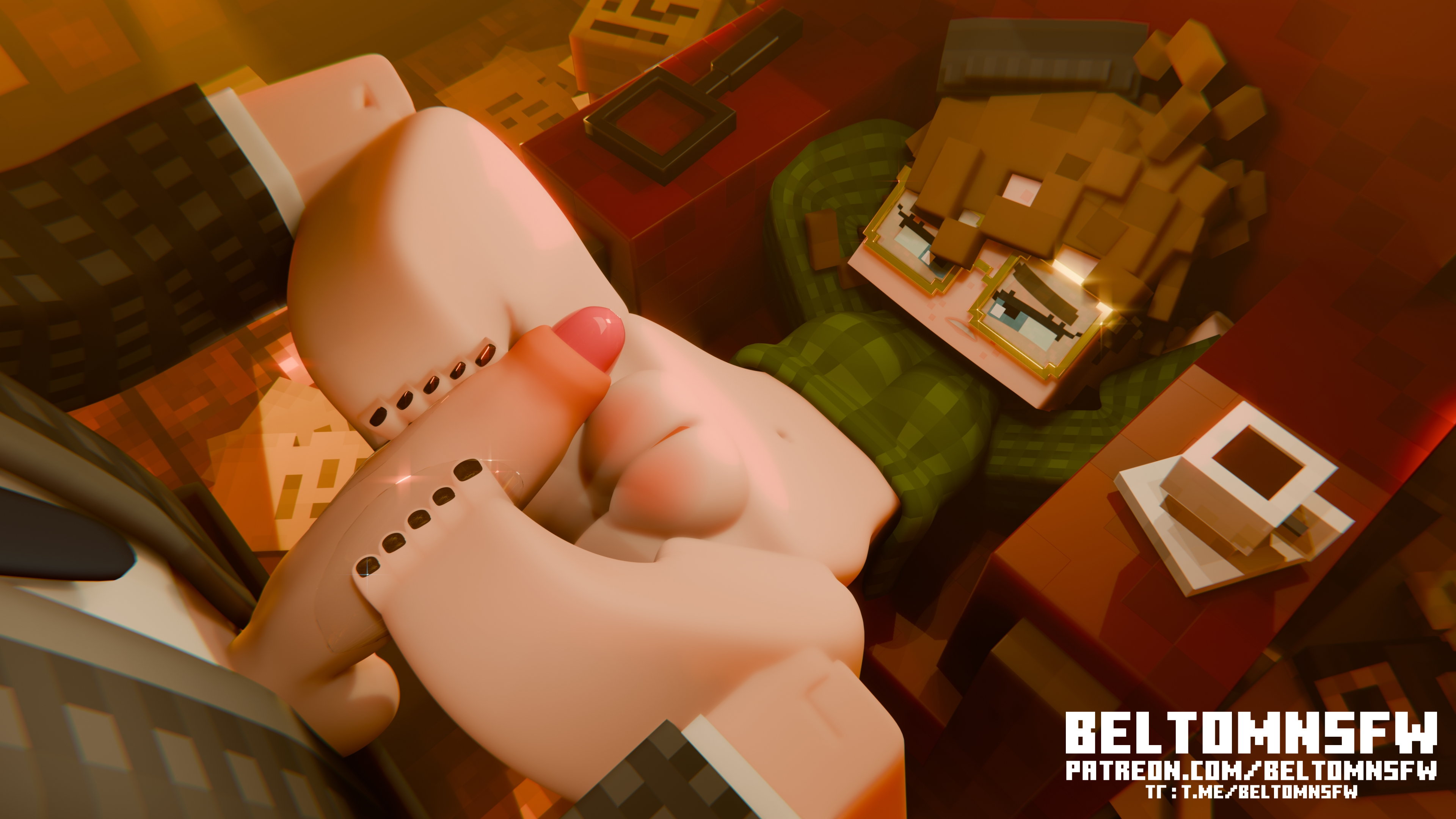1boy, 3d, beltomnsfw, black nail polish, black nails, blender, blue eyes, blush, breasts, brown hair, clothed, clothed female, clothed sex, coffee, coffee mug, detailed background, detective, elli (beltomnsfw), faceless male, female, female focus, foot fetish, foot focus, footjob, glasses, holding legs, holding penis, horny, horny female, looking at another, looking at partner, male, microsoft, mine-imator, minecraft, minecraft xxx, partially clothed, partially nude, penis, presenting, presenting hindquarters, presenting pussy, pussy, small breasts, straight, thighs