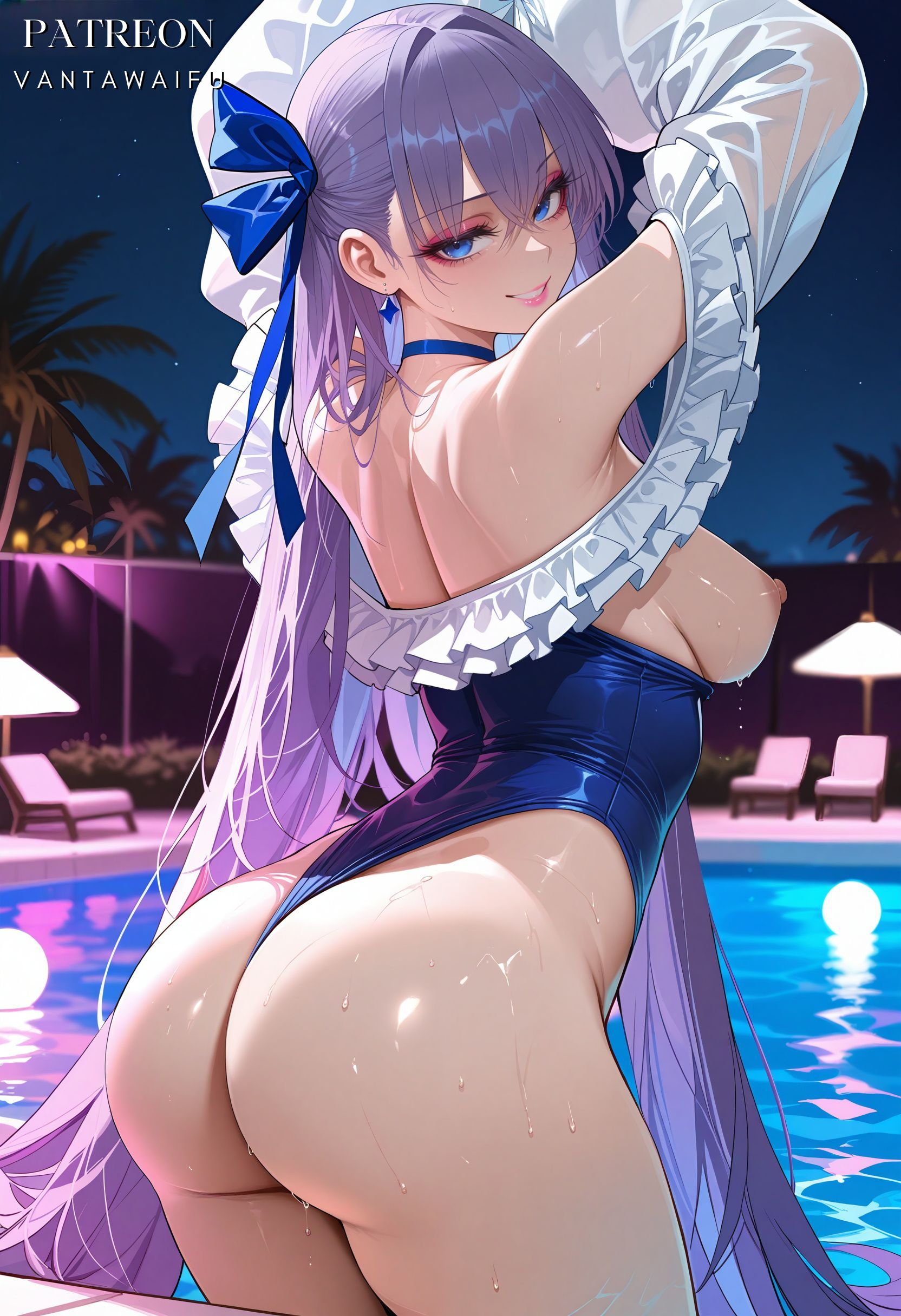 1girls, ai generated, arched back, arms up, artist name, ass, ass focus, back, bangs, bare shoulders, beach chair, big ass, blue bow, blue choker, blue eyes, blue one-piece swimsuit, blue ribbon, blurry background, blush, breasts, breasts out, casual one-piece swimsuit, choker, closed mouth, clothing, earrings, fanbox username, fate (series), fate/grand order, female, female only, frilled one-piece swimsuit, frills, from behind, hair between eyes, hair ornament, hair ribbon, highleg, highleg swimsuit, huge ass, jewelry, large breasts, light-skinned female, long hair, long sleeves, looking at viewer, looking back, makeup, median furrow, medium breasts, meltlilith, meltlilith (swimsuit lancer) (fate), meltryllis, meltryllis (fate), meltryllis (swimsuit lancer) (fate), meltryllis (swimsuit lancer) (second ascension) (fate), netorare, night, night sky, nipples, ntr, off shoulder, off-shoulder one-piece swimsuit, one-piece swimsuit, one-piece thong, outdoors, palm tree, patreon username, pool, poolside, puffy long sleeves, puffy sleeves, purple hair, ribbon, see-through, sky, sleeves past fingers, sleeves past wrists, smile, solo, star (sky), starry sky, strapless one-piece swimsuit, swimsuit, thighs, tree, vantawaifu, very long hair, wading, water, web address, wet, wet clothes, wet swimsuit, white ribbon