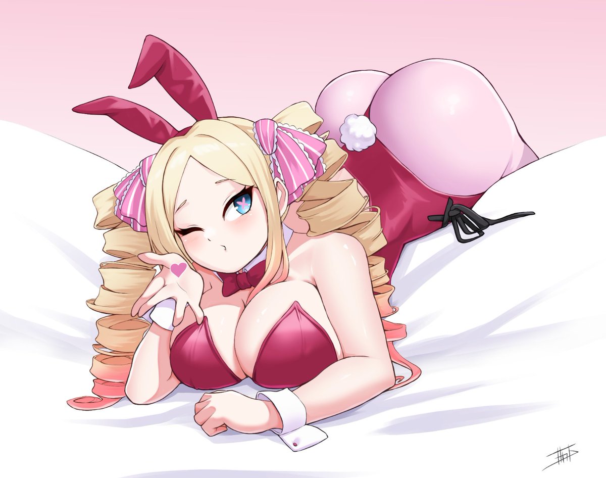 ;o, 1girl, aged up, alternate costume, animal ears, ass, ass visible through thighs, beatrice (re:zero), blonde hair, blowing kiss, blue eyes, bow, bowtie, breasts, bunny ears, bunny tail, bunnysuit, cleavage, commission, curvy, detached collar, drill hair, fake animal ears, fake tail, hair ribbon, highleg, huge ass, huge breasts, large breasts, leotard, long hair, looking at viewer, lying, lying on stomach, miarin141, on stomach, one eye closed, pantyhose, pink pantyhose, playboy bunny, rabbit ears, rabbit tail, re:zero kara hajimeru isekai seikatsu, red leotard, ribbon, sidelocks, solo, strapless, strapless leotard, symbol-shaped pupils, tail, thick thighs, thong leotard, twin drills, voluptuous, white pantyhose, wide hips, wrist cuffs