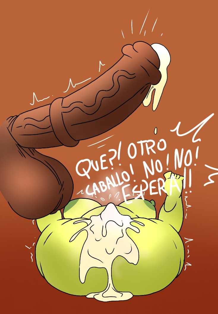 1girls, after sex, animal, animal genitalia, areolae, cum, cum drip, cum in pussy, cum inside, cumflation, erection, female, feral, goblin, goblin female, green body, green skin, horse, horsecock, inflation, lying on back, male, nano (plantita feliz), nipples, penis, plantita feliz, pussy, shortstack, simple background, skaler2, spanish dialogue, spanish text, text, text bubble, tremble spikes, veiny cock, veiny penis, zoophilia