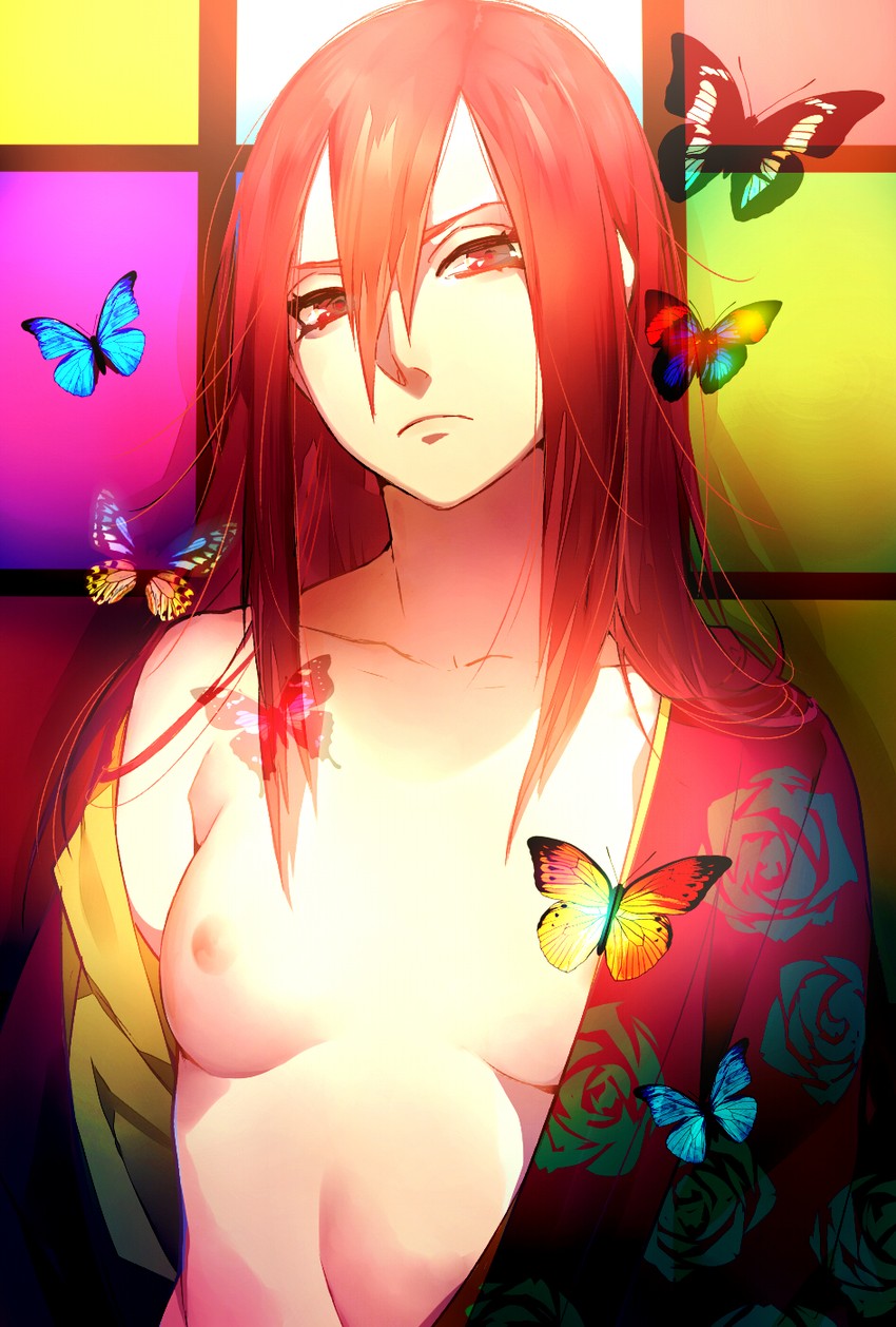 bandaged leg, bandages, bare shoulders, blush, breasts, brown eyes, closed mouth, collarbone, commentary request, covering breasts, covering privates, female, flying sweatdrops, hair between eyes, highres, kuma (jk0073), long hair, medium breasts, naruto, naruto (classic), naruto (series), ninja, pebble, red hair, rock, shiny skin, simple background, solo, sweat, sweatdrop, tayuya, thighs, tight clothes, torn clothes, white background, yin yang