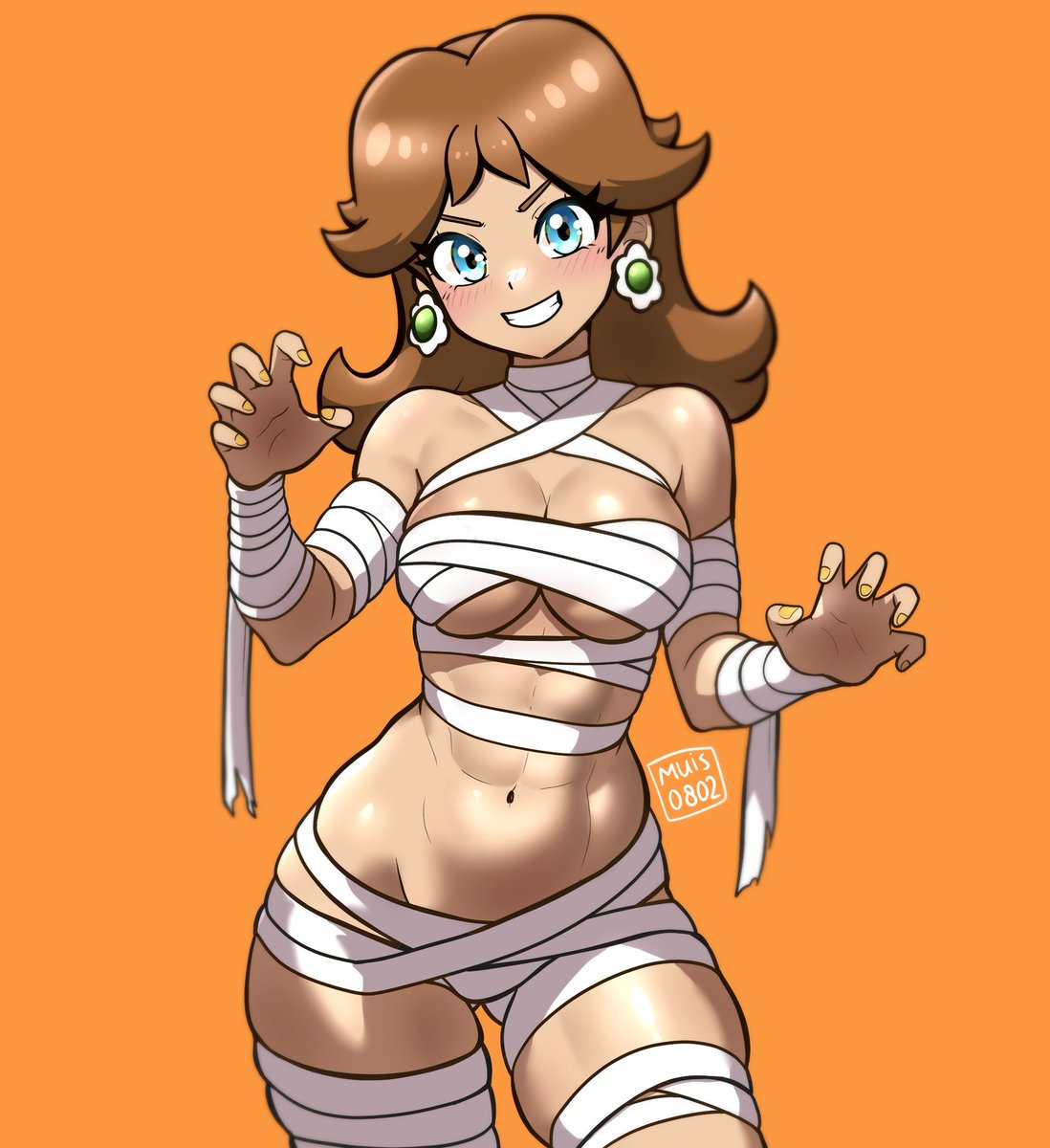 1girls, abs, artist name, ass visible through thighs, bandaged arm, bandages, big breasts, blue eyes, blush, breasts, brown hair, busty, chest wraps, child bearing hips, claw pose, cleavage, clothing, cowboy shot, earrings, female, fingernails, flipped hair, flower earrings, grin, halloween, halloween costume, jewelry, large breasts, legs, long hair, looking at viewer, mario (series), muis0802, mummy, mummy costume, nail polish, naked bandage, navel, nintendo, orange background, orange nails, princess daisy, simple background, skindentation, smile, solo, stomach, thighs, toned, underboob, voluptuous, yellow nails