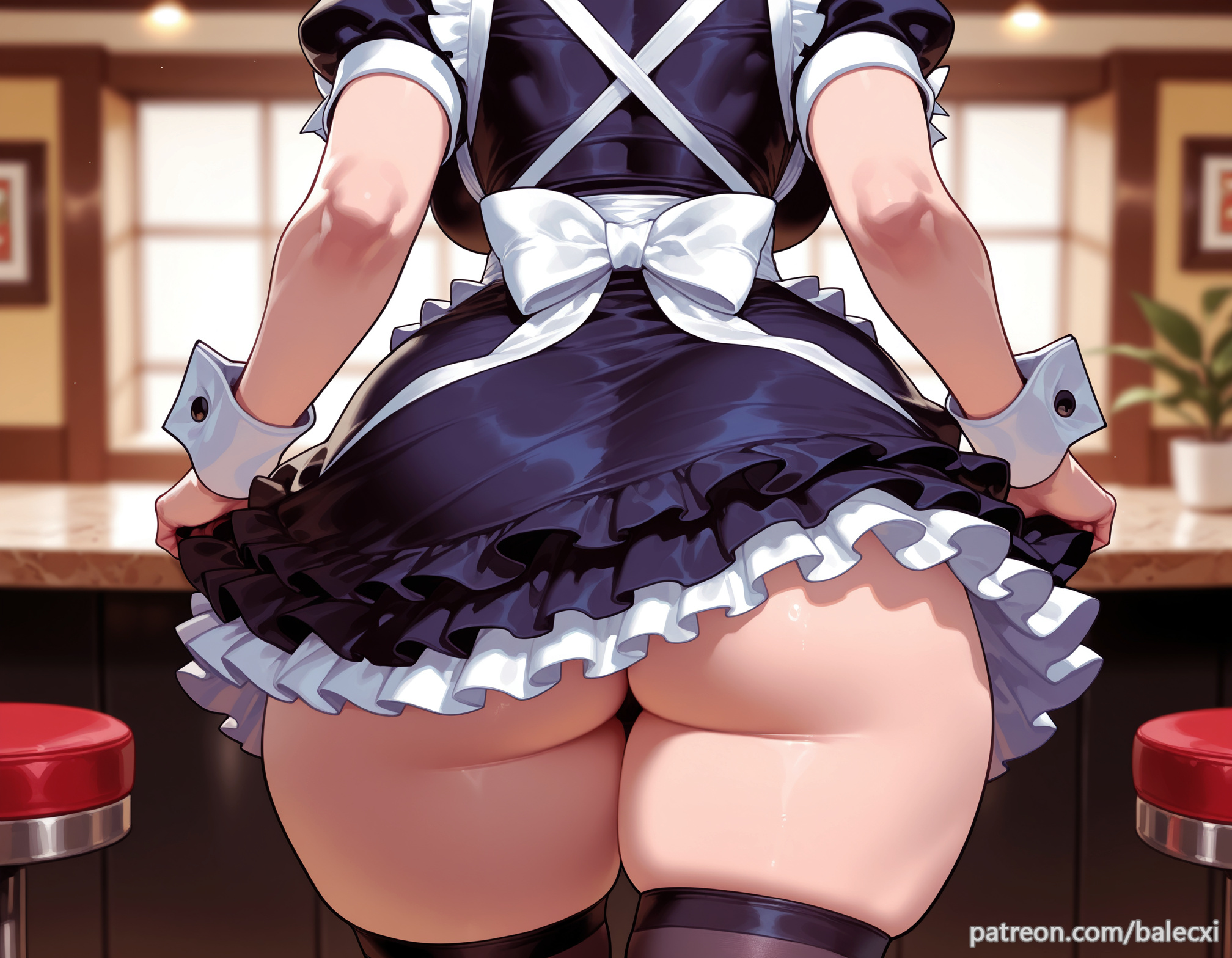 ai generated, ass, ass focus, balecxi, breasts, demon slayer, female, from behind, kochou shinobu, maid, solo, thighhighs, wrist cuffs