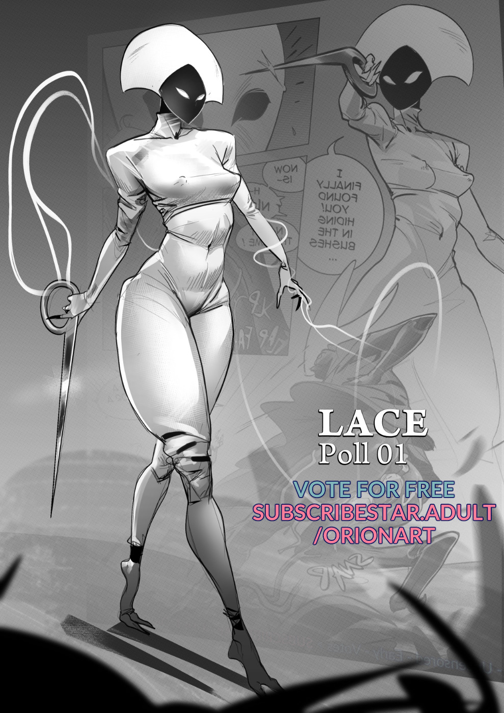2d, athletic female, black and white, comic, female, hollow knight, lace (hollow knight), monochrome, mouthless, non nude, orionart, silksong, weapon
