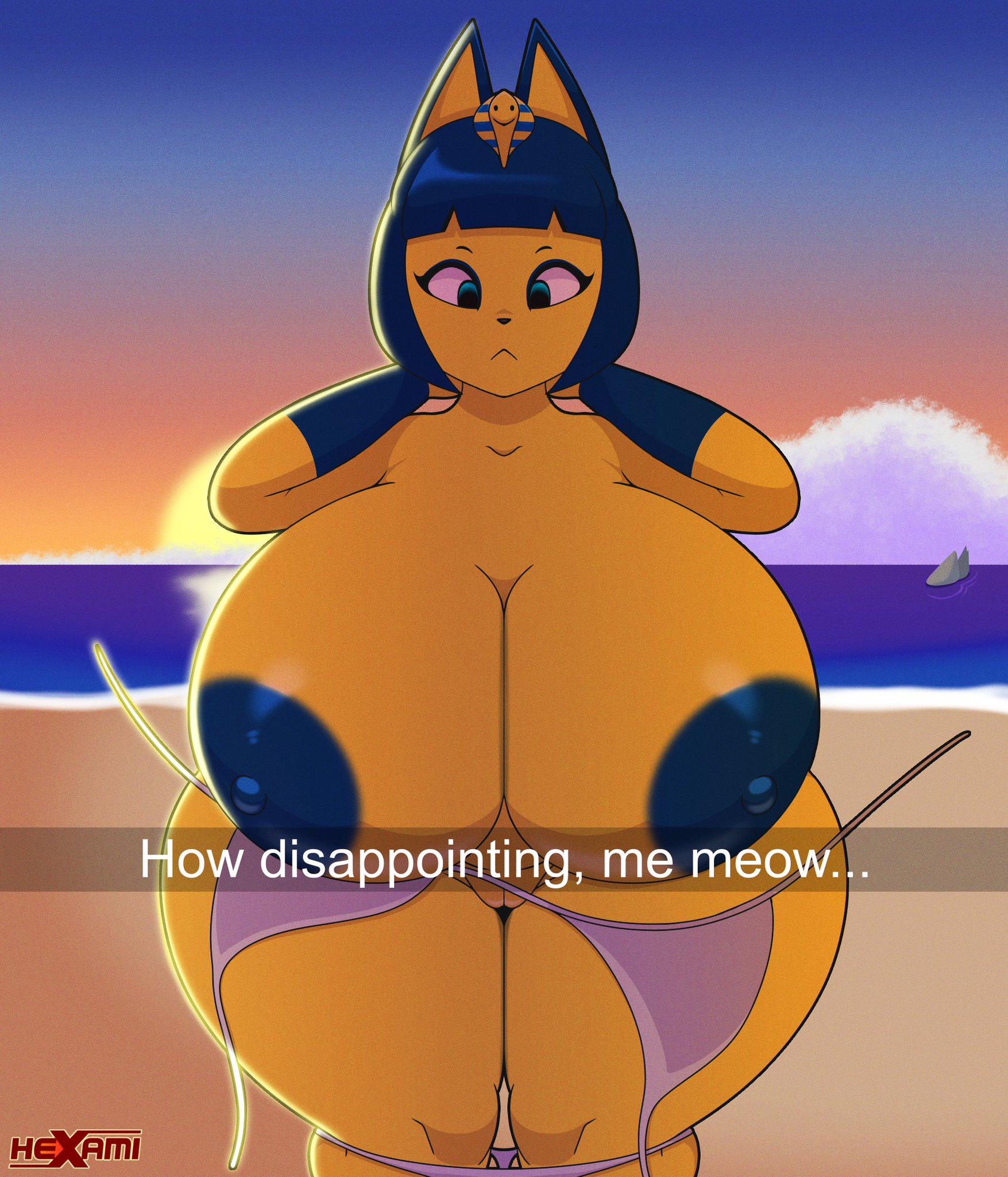 1girls, animal crossing, ankha, ankha (animal crossing), barely clothed, beach, beach background, beach girl, bikini, bikini bottom, bikini only, bikini top, bottom, bottom heavy, breasts, cat ears, catgirl, clothes falling off, egyptian mythology, fat, feline, female, hexami, hyper, hyper breasts, nintendo, summer, sunset, thighs, thighs together