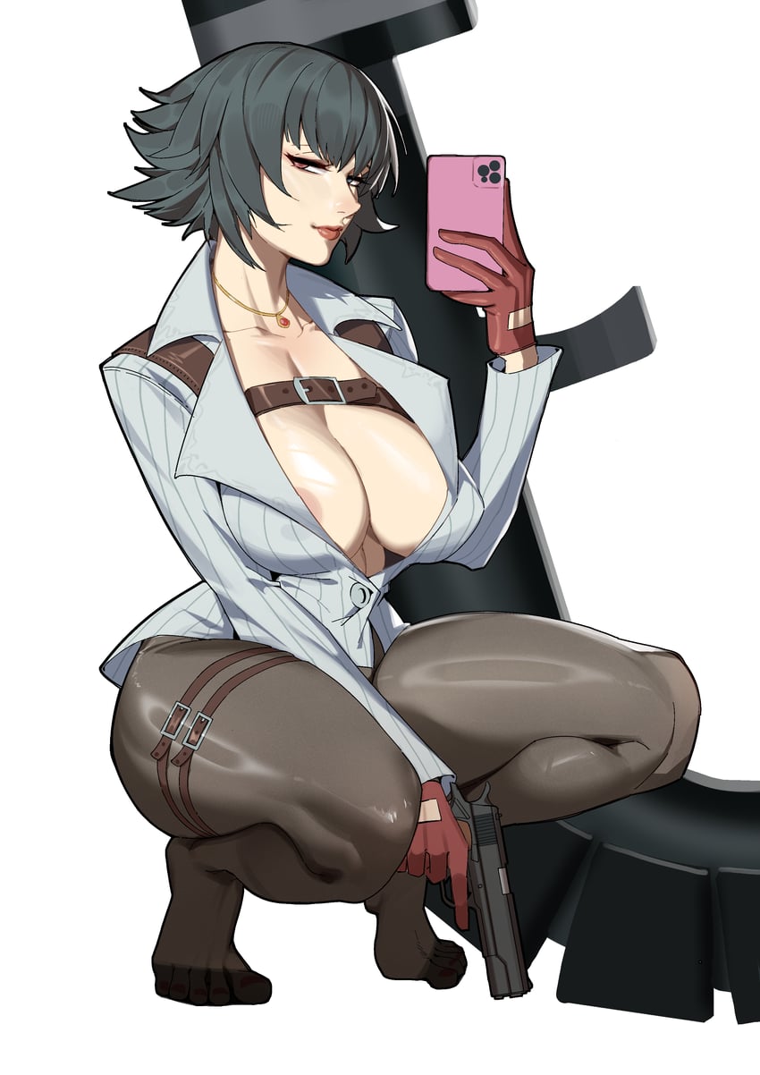 1girls, 2025, 2d, 2d (artwork), absurdres, areola slip, belt, black hair, black pantyhose, breasts, cellphone, chest belt, cleavage, cloudy rain4, collarbone, devil may cry, devil may cry (series), devil may cry 4, english commentary, female, female only, gloves, green eyes, gun, handgun, heterochromia, highres, holding, holding gun, holding phone, holding weapon, human, human only, jacket, jewelry, kalina ann (weapon), lady (devil may cry), large breasts, looking at viewer, looking to the side, m1911, necklace, no bra, no sex, no shoes, pantyhose, phone, red eyes, red gloves, rocket launcher, selfie, sideways glance, simple background, smartphone, solo, solo female, squatting, thigh belt, thigh strap, weapon, weapons, white background, white jacket