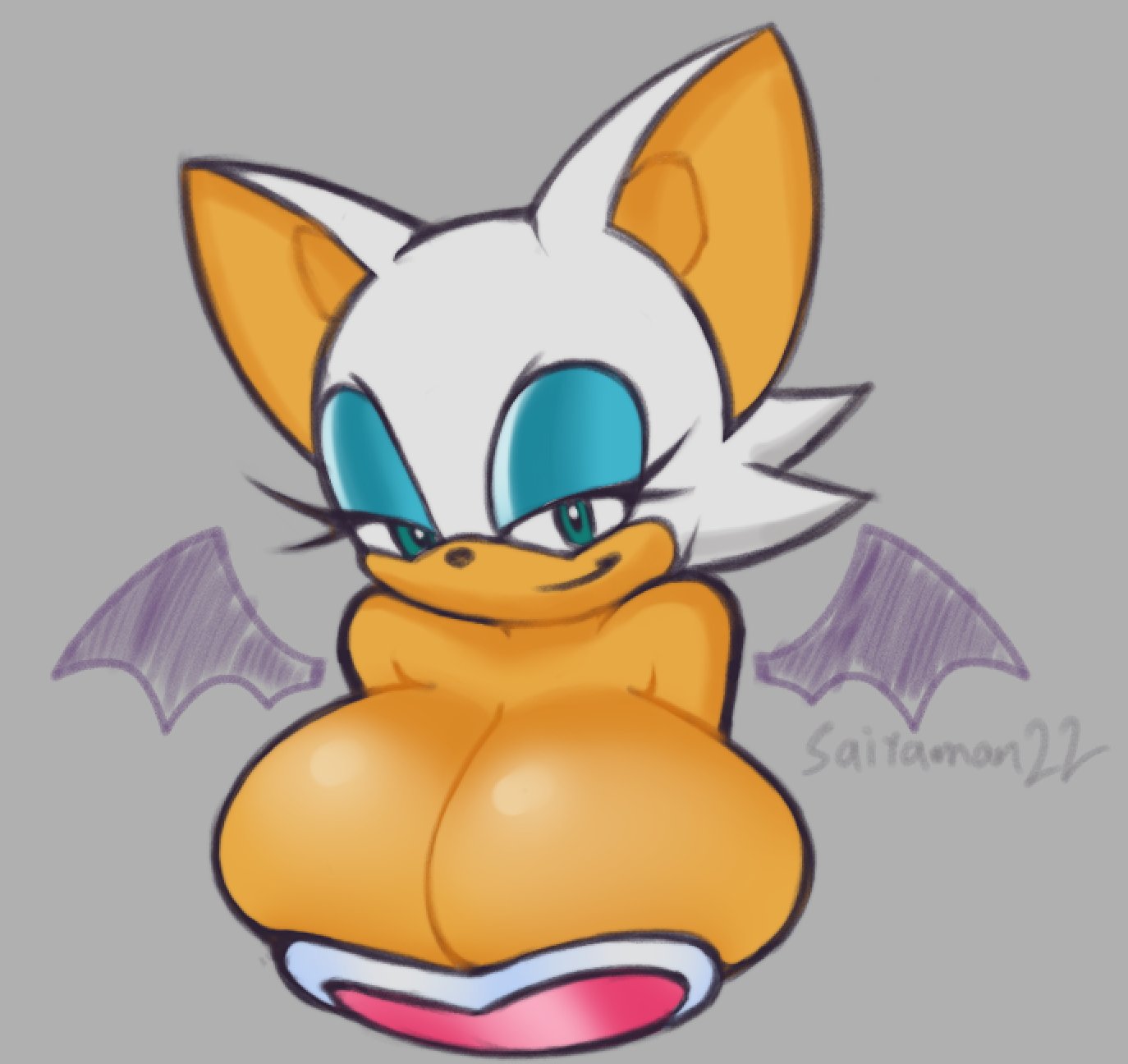 2d (artwork), anthro, barely contained breasts, barely fits, bat, bedroom eyes, big breasts, breasts too big, cleavage, cleavage overflow, female, huge breasts, looking at viewer, rouge the bat, saiyaman22, seductive, sega, sonic (series), sonic the hedgehog (series), wings