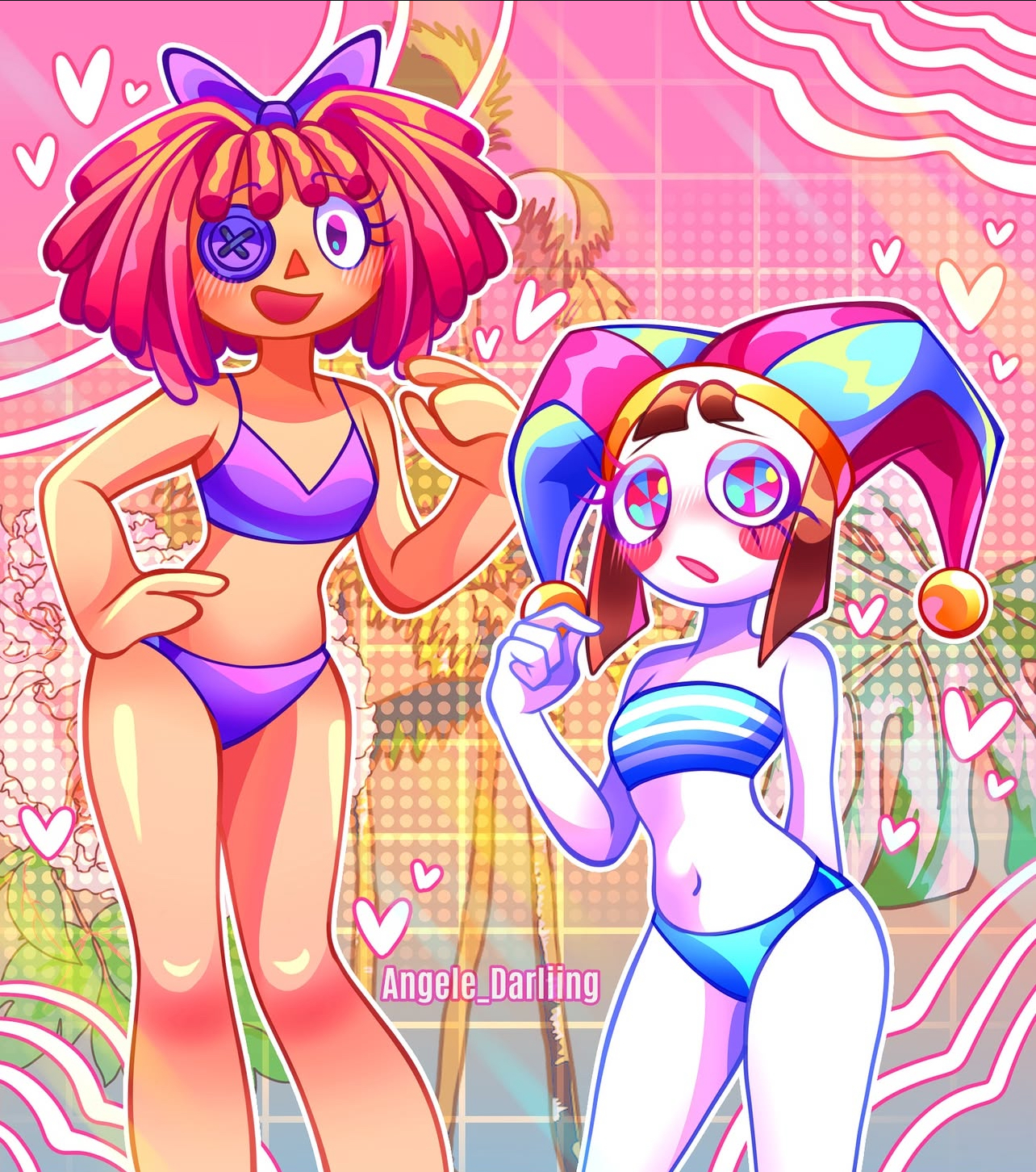 angele darling, bikini, cute, glitch productions, pomni, pomni (beach outfit), pomni (tadc), pomni (the amazing digital circus), ragatha, ragatha (beach outfit), ragatha (tadc), ragatha (the amazing digital circus), sfw, swimwear, the amazing digital circus