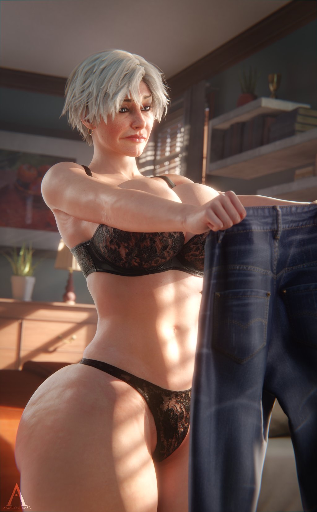 1gilf, 1girl, 1girls, 3d, amazonium, ass, aunt, big ass, big breasts, big lips, big mouth, big thighs, black bra, black lace panties, black panties, blue jeans, bottom heavy, bottom heavy female, bra, bra and panties, breasts, breasts bigger than head, cellulite, daytime, female, female only, gilf, grey hair, holding clothes, holding clothing, huge ass, huge breasts, indoors, jeans, jeans removed, lace panties, light skin, light-skinned female, lingerie, marvel, marvel comics, may parker, panties, plump ass, plump lips, plump thighs, short hair, short-haired female, solo, solo female, spider-man (series), thick thighs, voluptuous, voluptuous female, wide hips