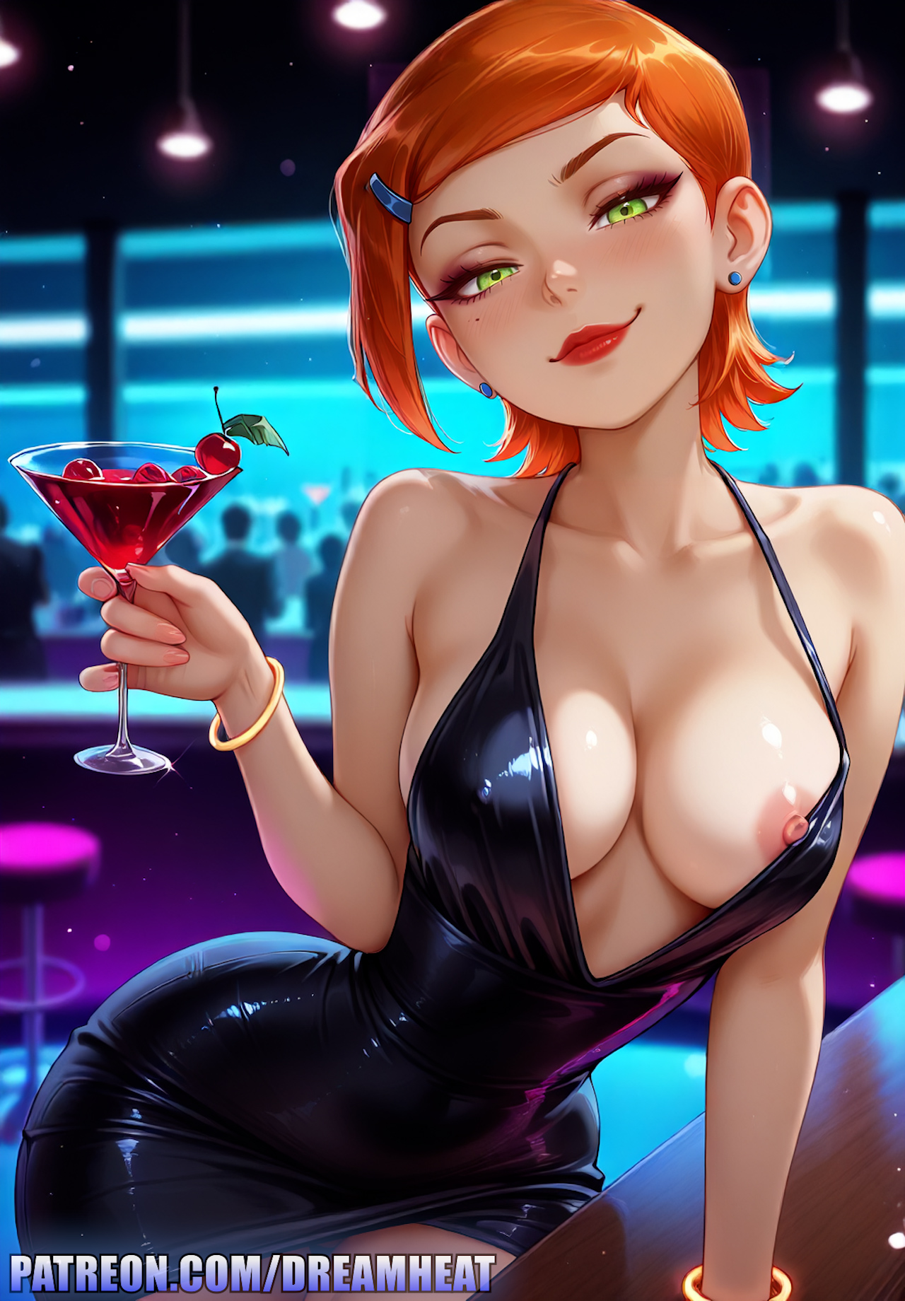 1girls, ai generated, areolae, ben 10, black dress, bracelet, breasts, cleavage, cocktail, dreamheat, dress, earrings, female, green eyes, gwen tennyson, high slit dress, medium breasts, neon lights, nightclub, nipple slip, nipples, red hair, red lipstick, short hair, slim, smile, solo, standing