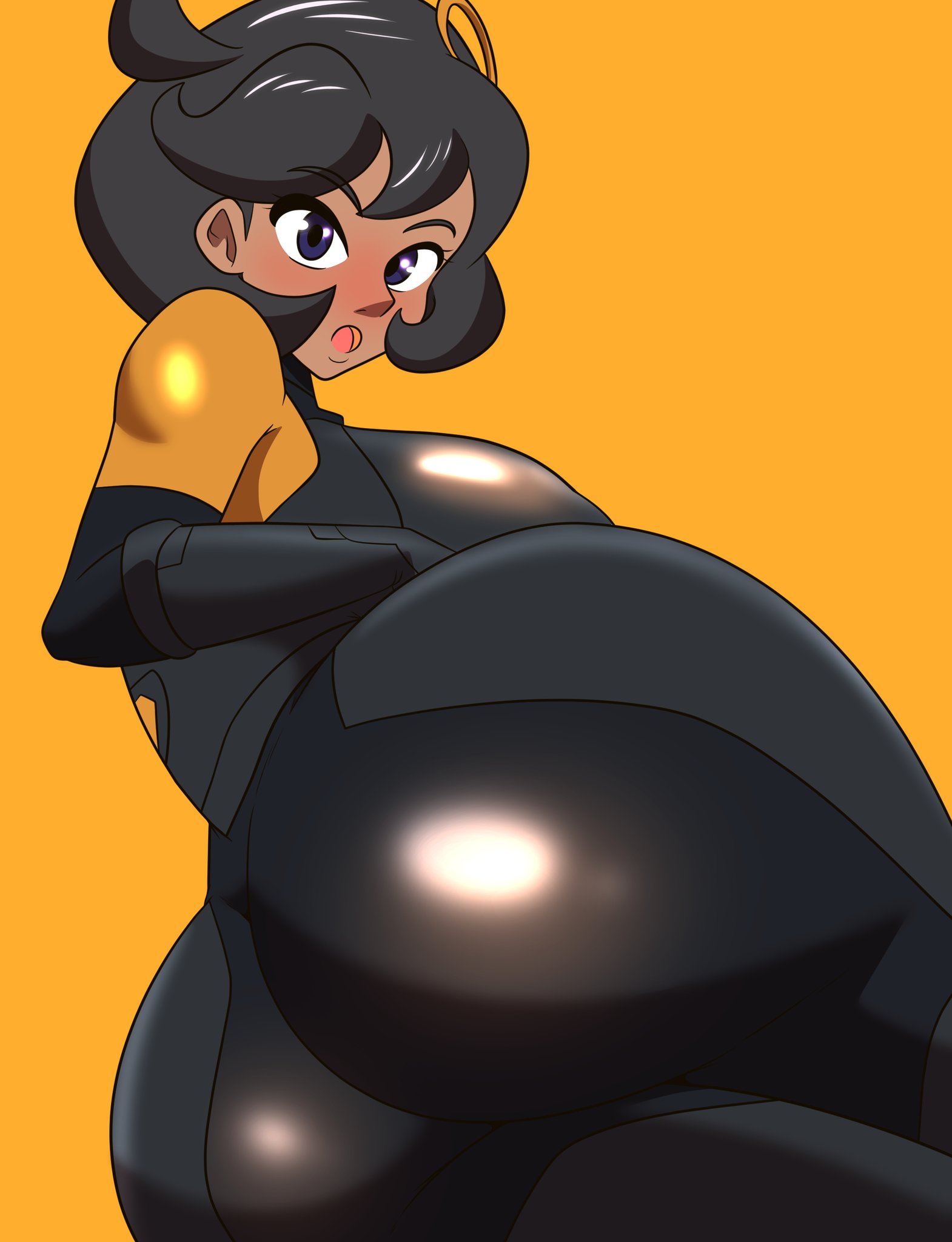 1girls, artlaccer (artist), ass, ass focus, big ass, black bodysuit, black hair, bodysuit, clothing, emma (pokemon legends: z-a), emma (pokemon), enormous ass, fat ass, female, female only, gigantic ass, huge ass, human, human female, human only, large ass, looking at viewer, lying on side, mammal, matiere (pokemon legends: z-a), matiere (pokemon), mature, mature female, nintendo, open mouth, orange background, pokemon, pokemon legends: z-a, short hair, solo, solo female, solo focus, tan skin, tan skinned female, thick ass, tomboyish, voluptuous, voluptuous female