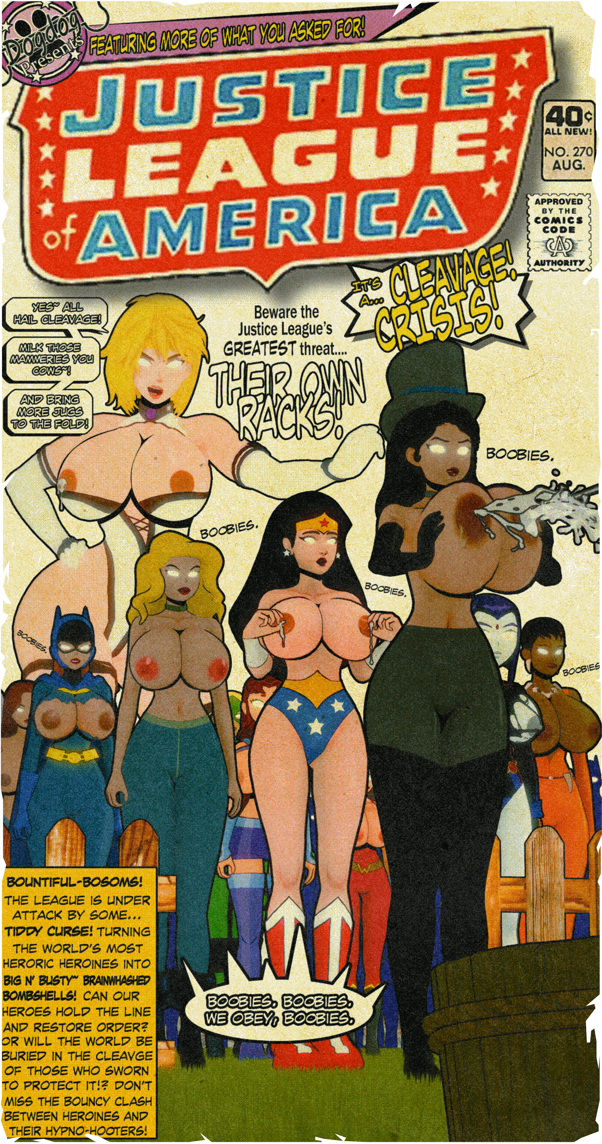11girls, alien, alien girl, alien humanoid, artemis crock, artist name, barbara gordon, batgirl, batgirl (barbara gordon), batman (series), big breasts, black canary, blonde hair, bodysuit, boots, breast expansion, breast growth, breast growth (enlargement), breast squeeze, breast squish, breasts, breasts out, choker, comic, comic cover, corruption, costume, cover, dark skin, dark-skinned female, dc, dc comics, dialogue, dogdog, ear piercing, earrings, elbow gloves, english, english text, fake cover, femdom, femsub, gloves, glowing eyes, grey body, height difference, height growth, hips, hips wider than shoulders, hourglass figure, huge breasts, hypnosis, jewel, jewel on forehead, justice league, justice league of america, kryptonian, lactating, lactation, lactation without expressing, large breasts, leotard, lipstick, magician hat, mask, masked, masked female, milk, mind control, multiple girls, navel, nipple pinch, nipple play, nipples, no pupils, pierced ears, piercing, power girl, purple hair, raven (dc), red hair, red lipstick, speech bubble, star earrings, starfire, starfire (teen titans), stockings, superhero, superhero costume, superheroine, superman (series), text, thigh boots, thighs, tiara, topless, topless female, torn clothes, torn clothing, vixen (dc), wardrobe malfunction, wide hips, wonder woman, wonder woman (series), zatanna, zatanna zatara