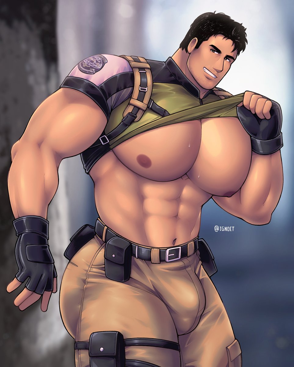 bara, bara tiddies, bara tits, big breasts, big pecs, breasts, bulge, busty, chris redfield, erection, fat tits, huge bulge, ignoet, male, male only, muscular, muscular male, resident evil, showing off, solo, solo focus, solo male, sweating, yaoi
