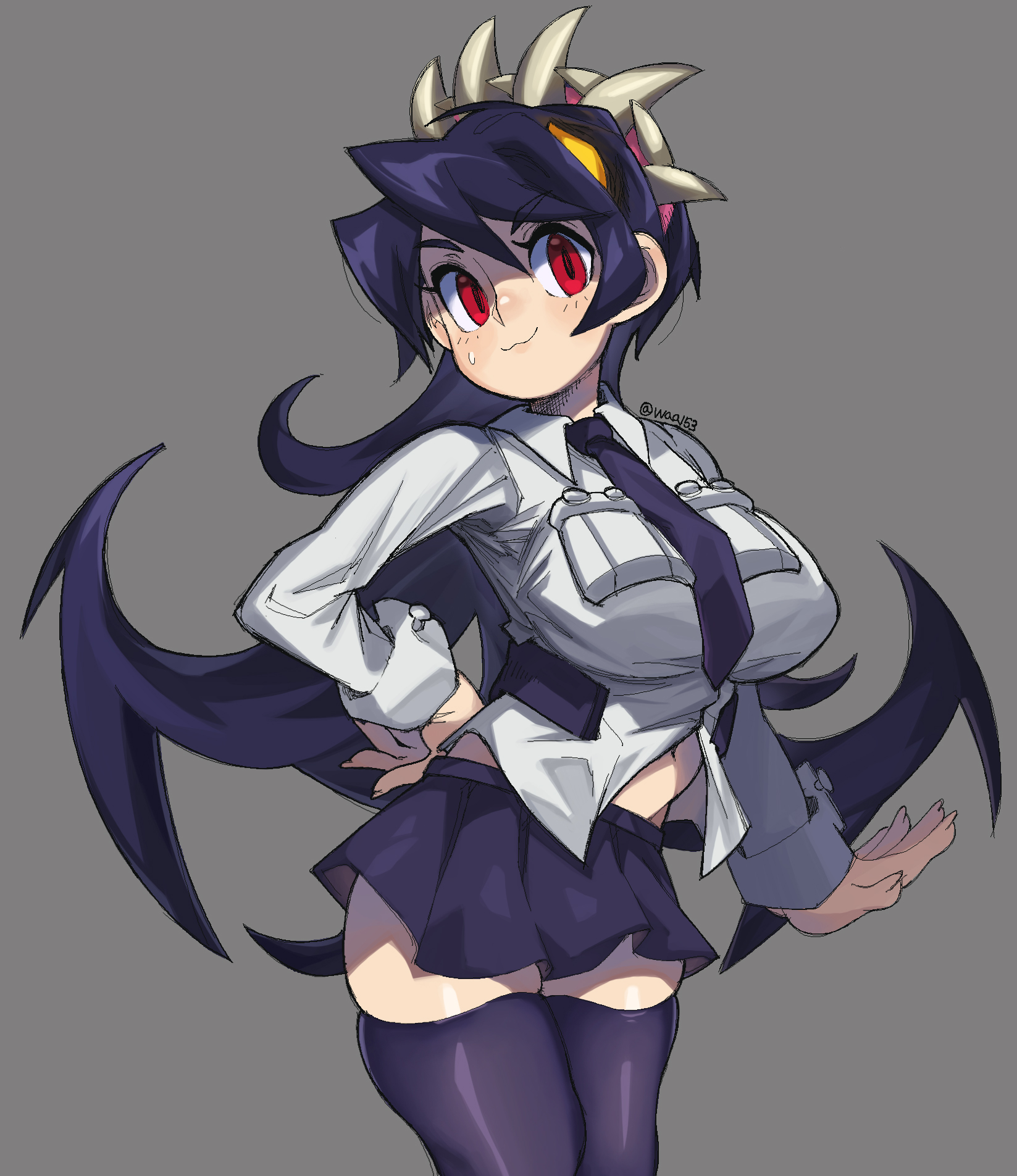1girls, big breasts, black hair, black thighhighs, blush, breasts, female, female only, filia (skullgirls), grey background, hand on own hip, highres, large breasts, long hair, navel, necktie, pleated skirt, purple hair, red eyes, samson (skullgirls), school uniform, simple background, skindentation, skirt, skullgirls, slit pupils, solo, sweatdrop, thick thighs, thighhighs, thighs, waa153