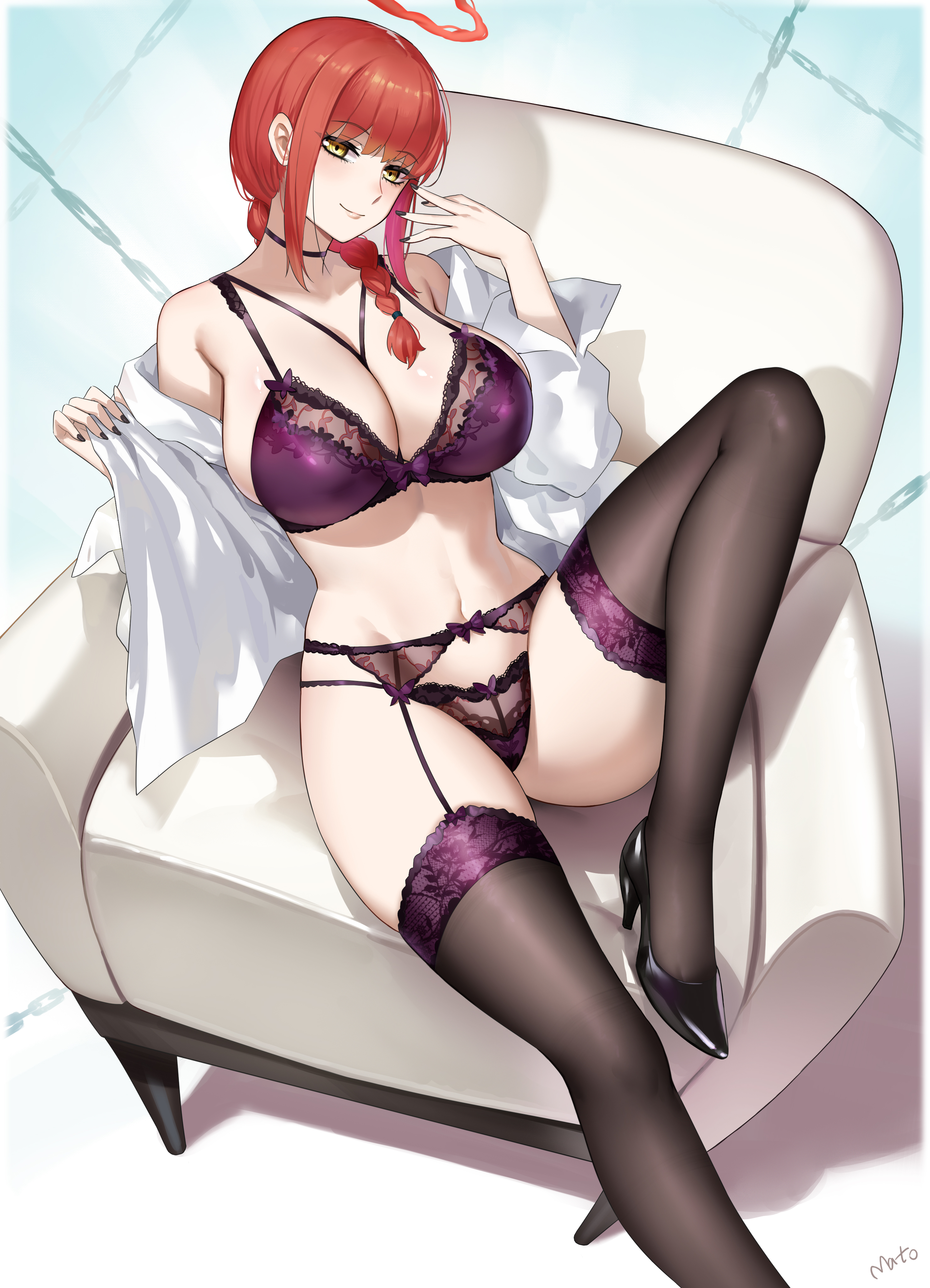 1girls, big breasts, black nail polish, black nails, bottomwear, bra, braid, breasts, chainsaw man, chair, cleavage, female, female only, footwear, garter belt, garter straps, hair, halo, heels, high heels, huge breasts, lace, lace trim, lace-trimmed bra, lace-trimmed garter belt, lace-trimmed legwear, lace-trimmed panties, lace-trimmed thighhighs, legwear, lingerie, makima (chainsaw man), mato kuroi, nail polish, nails, open shirt, panties, purple bra, purple panties, purple thighhighs, red hair, shirt, sitting, solo, solo female, thighhighs, thighs, topwear, white shirt, yellow eyes