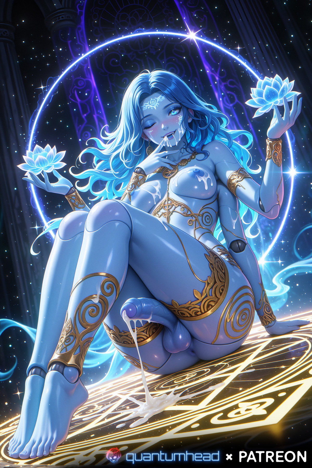 4 arms, ai generated, anus, armpits, balls, blue skin, breasts, cum, cum on breasts, cum on face, cum on self, doll joints, erection, feet, female, futanari, goddess, intersex, looking at viewer, lotus (flower), magic circle, penis, quantumhead, quantumhead ai, ranni the witch, solo, testicles, toes, uncensored