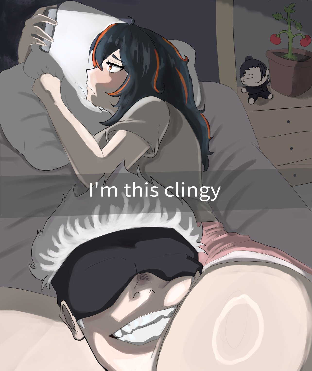 1boy, 1girls, black hair, black hair female, blindfold, blindfolded, blindfolded male, clingy, color, colored, crossover, im this clingy (meme), jujutsu kaisen, looking at phone, meme, not porn, pabloeloepe, red strand of hair, satoru gojo, suguru geto, tired eyes, white hair, white hair male, zenless zone zero, zhu yuan
