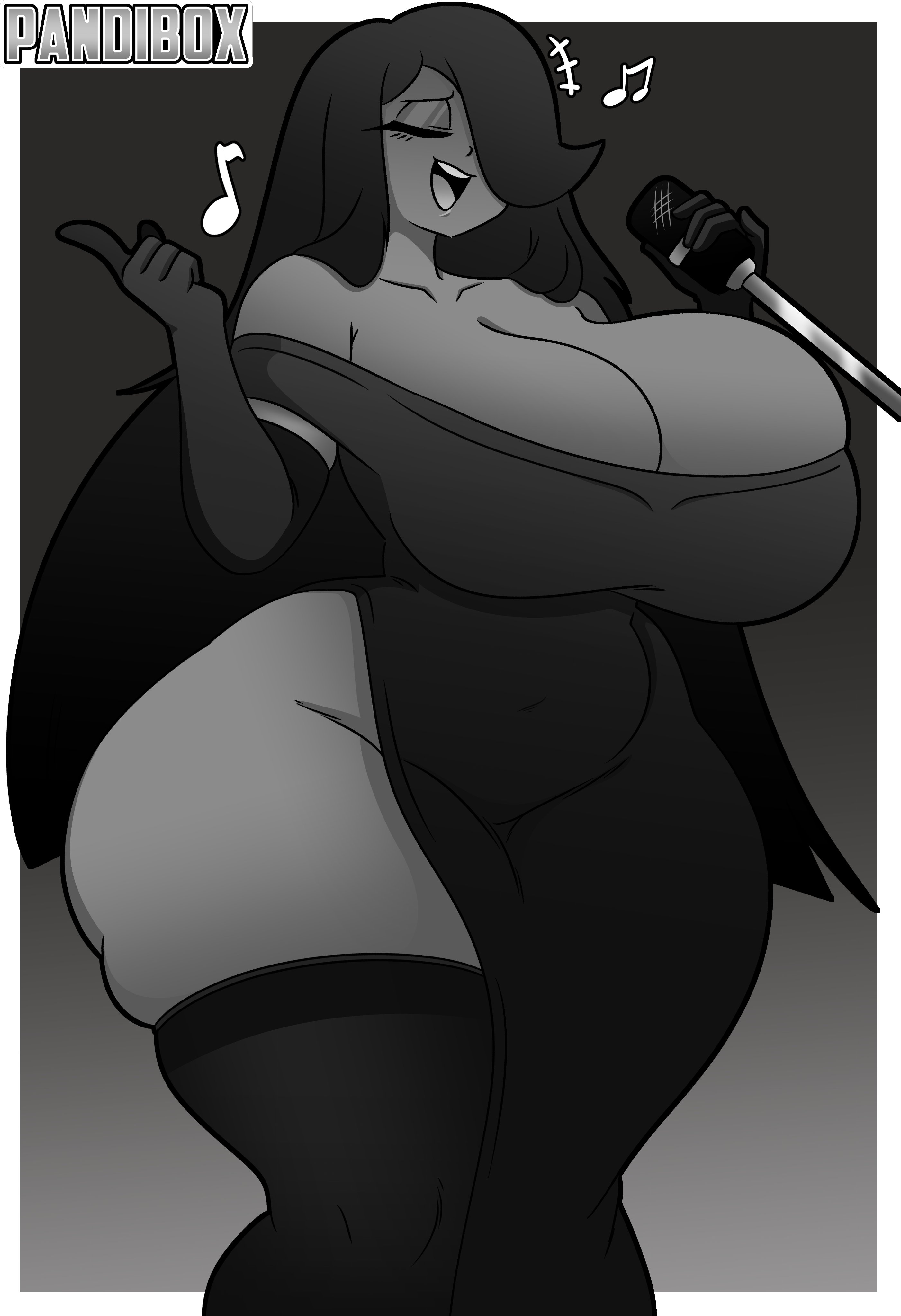 1girls, big breasts, black hair, black hair female, boobs bigger than head, breasts, breasts bigger than head, clothed, clothed female, cream (movailarts), curvy, cute, female, female focus, female only, huge boobs, huge breasts, long hair, long hair female, original, original character, pandibox, singing, someone else's oc, thick thighs, thighhighs, thighs