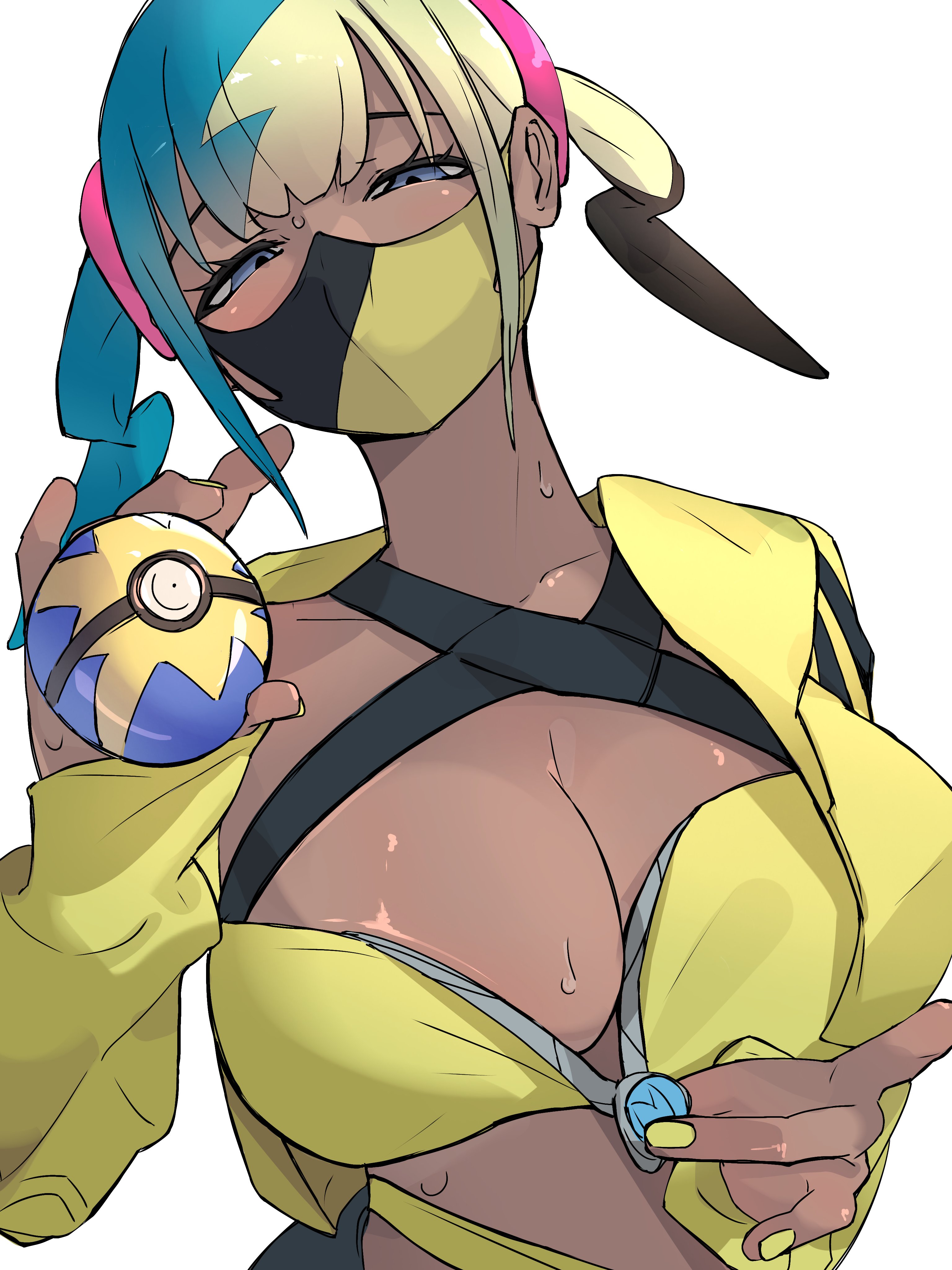 1girls, artist request, big breasts, blue hair, breasts, canari (pokemon), canary (pokemon), face mask, facemask, female, game freak, gyaru, kusogaki, mouth mask, nail polish, nintendo, pokeball, pokemon, pokemon legends: z-a, quick ball, streamer, two-tone hair, white background, yellow hair, yellow nails