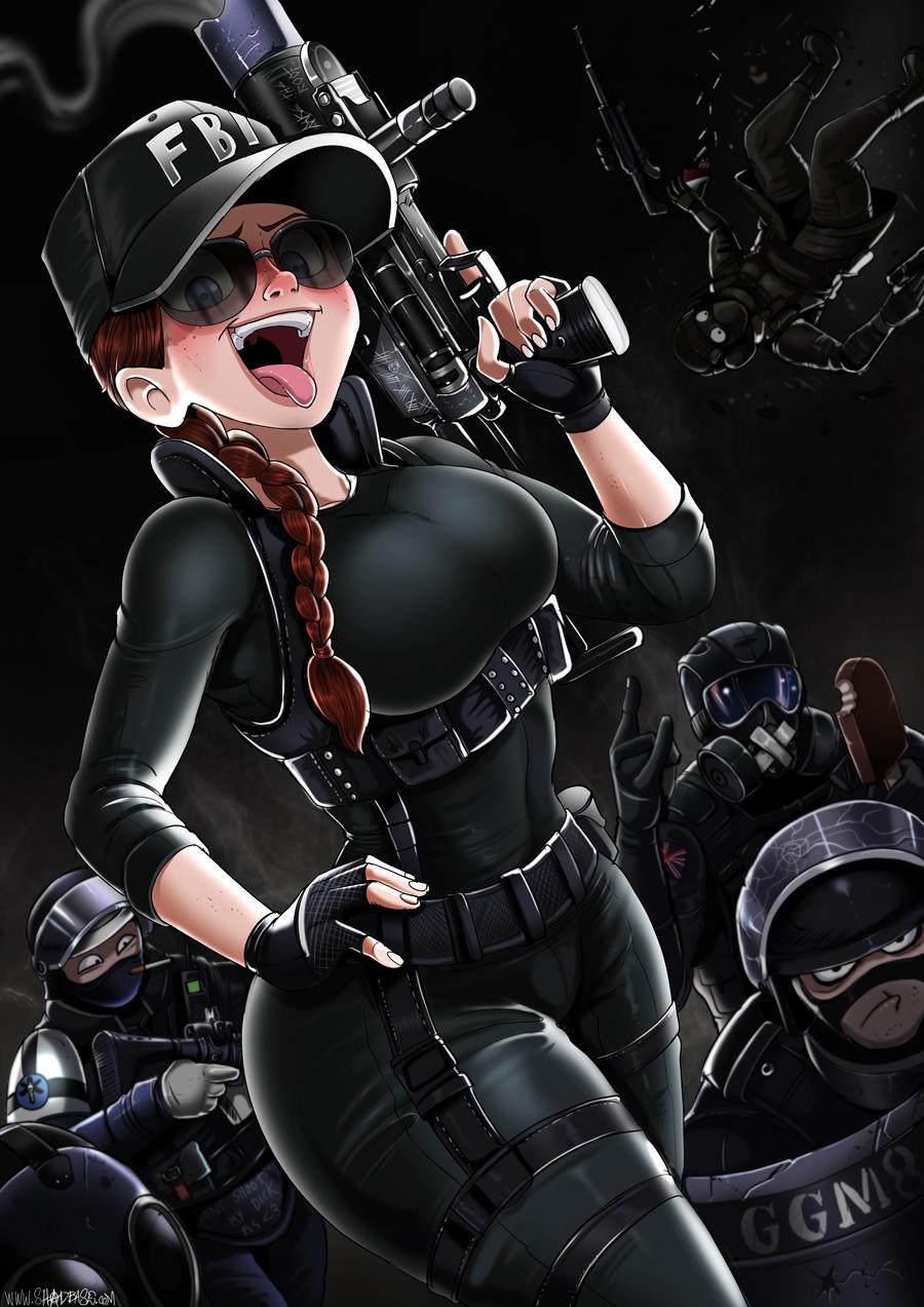 1girls 5boys ahe_gao alternate_version_available ash_(rainbow_six) blue_eyes brown_hair doc_(rainbow_six) female female_focus glaz_(rainbow_six) gun hat multiple_boys mute_(rainbow_six) police rainbow_six rainbow_six_siege rook_(rainbow_six) shadman smile smoke_(rainbow_six) smoking sunglasses tinted_eyewear tom_clancy tongue tongue_out weapon